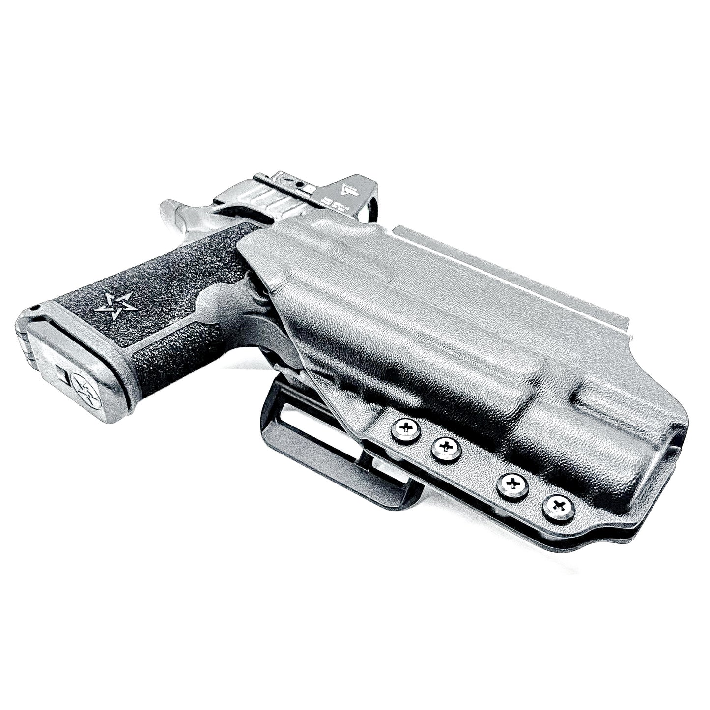 Precision-fit OWB Outside Waistband holster in black with a 4BROS 1.5" Belt Slide for the Staccato HD C4X and Surefire X300 from Four Brothers. Designed for comfort and concealment.  