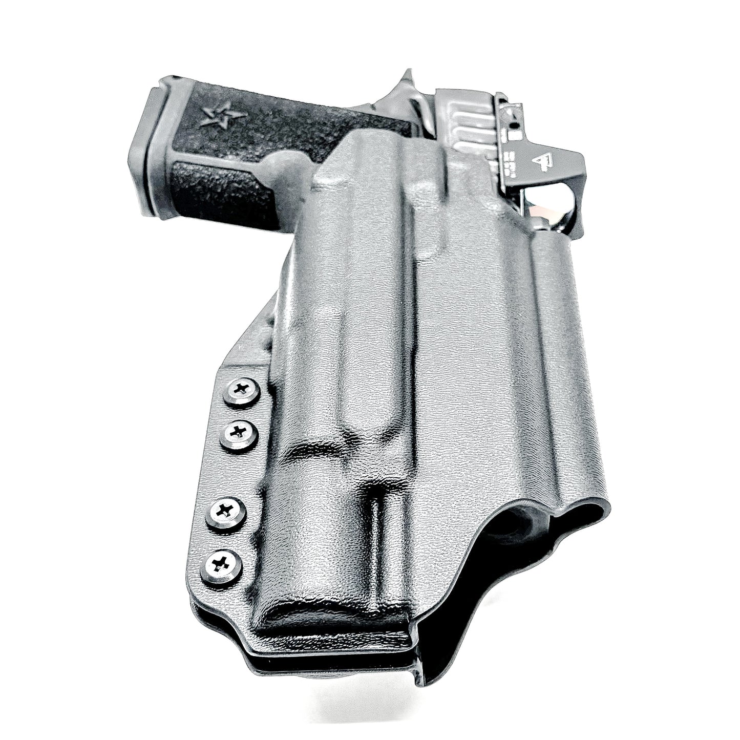 Precision-fit OWB Outside Waistband holster in black with a 4BROS 1.5" Belt Slide for the Staccato HD C4X and Surefire X300 from Four Brothers. Designed for comfort and concealment.  