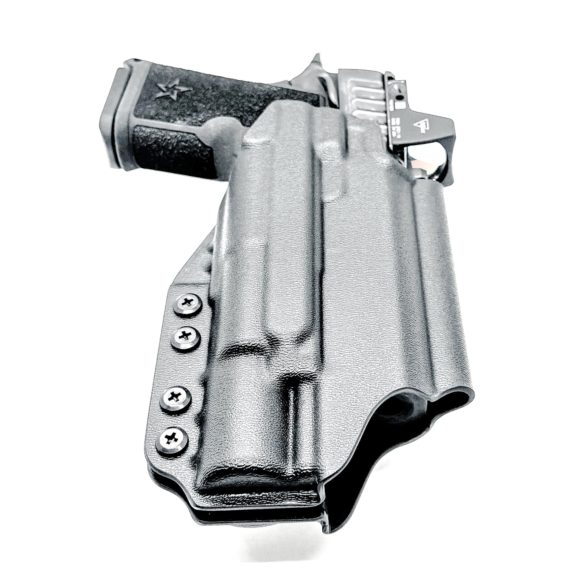 Precision-fit OWB Outside Waistband holster in black with a 4BROS 1.5" Belt Slide for the Staccato HD C4X and Surefire X300 from Four Brothers. Designed for comfort and concealment.  