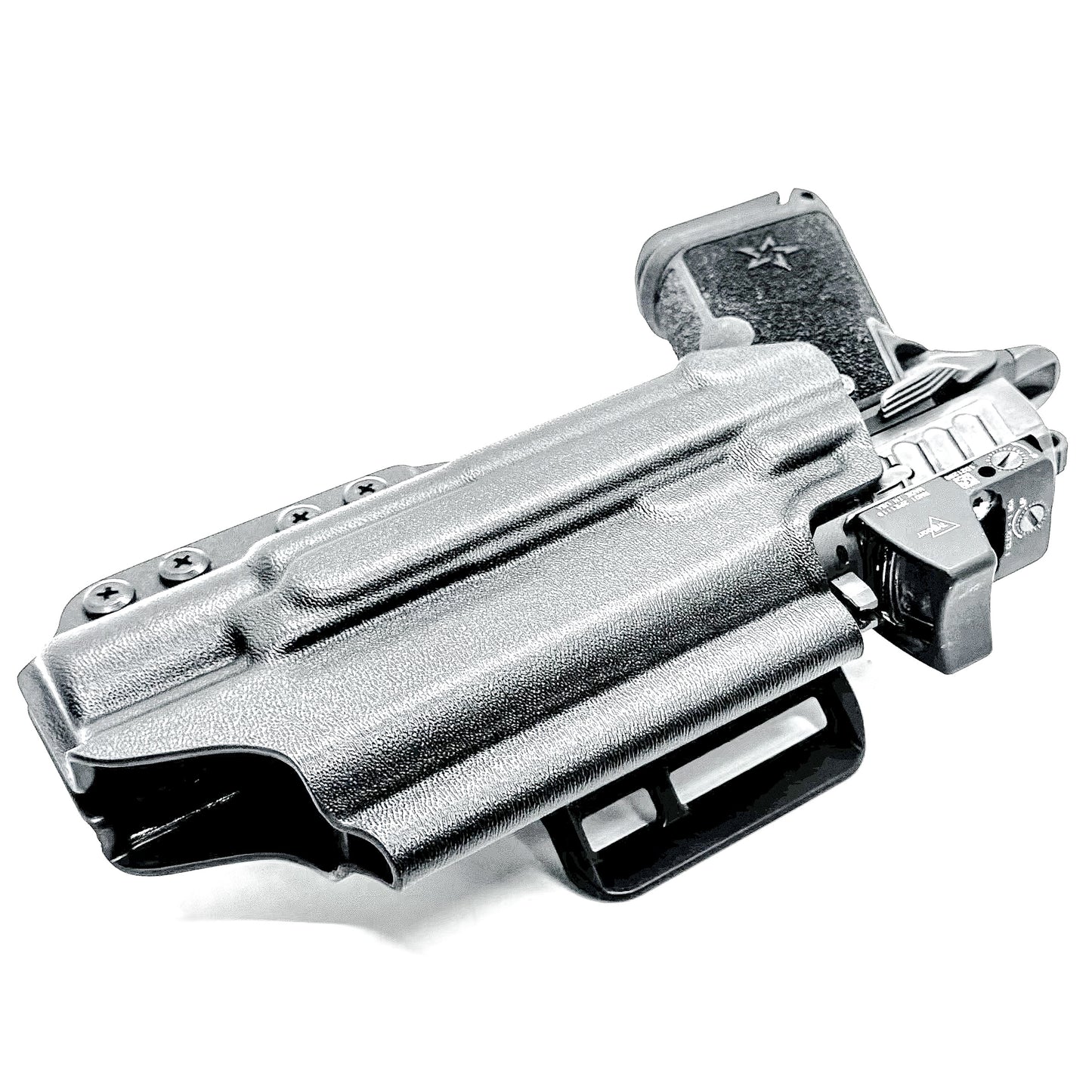 Precision-fit OWB Outside Waistband holster in black with a 4BROS 1.5" Belt Slide for the Staccato HD C4X and Surefire X300 from Four Brothers. Designed for comfort and concealment.  