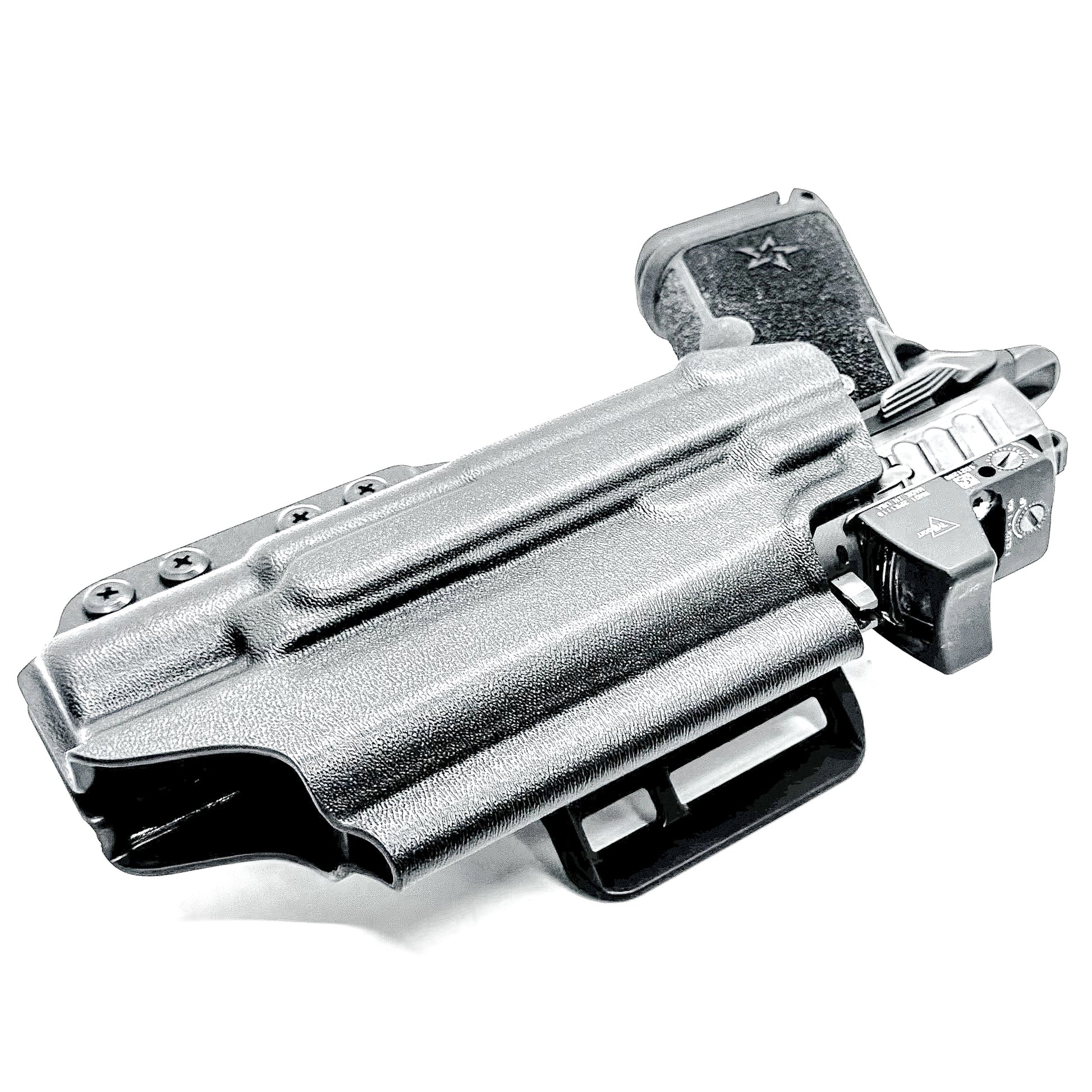 Precision-fit OWB Outside Waistband holster in black with a 4BROS 1.5" Belt Slide for the Staccato HD C4X and Surefire X300 from Four Brothers. Designed for comfort and concealment.  