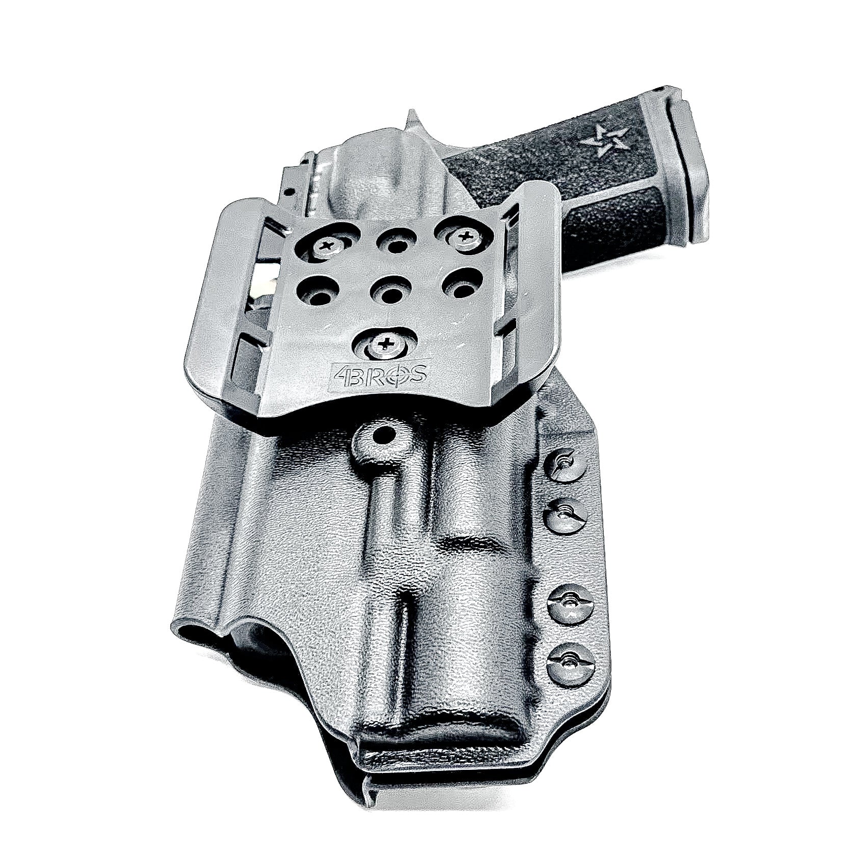 Precision-fit OWB Outside Waistband holster in black with a 4BROS 1.5" Belt Slide for the Staccato HD C4X and Surefire X300 from Four Brothers. Designed for comfort and concealment.  
