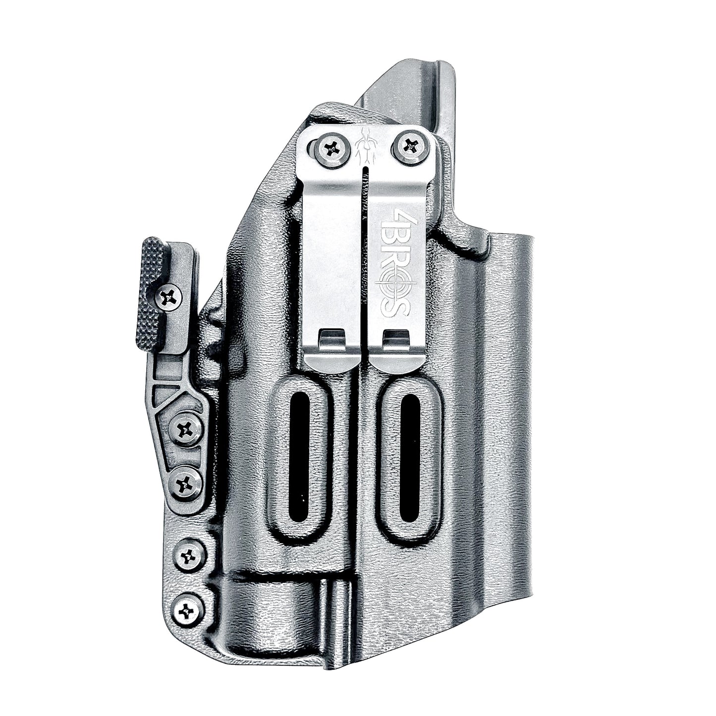 BIack WB holster for the Staccato HD C4X and Streamlight TLR-1 HL or TLR-1 HP for Inside Waistband concealed carry shown with a DCC Monoblock and a Modwing.  Optics-ready and adjustable retention. 