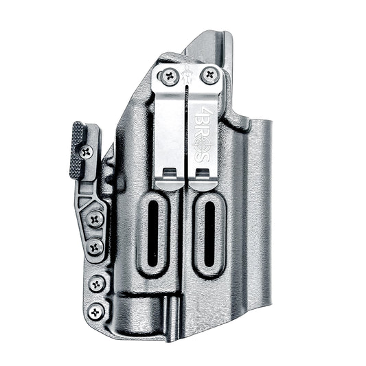 BIack WB holster for the Staccato HD C4X and Streamlight TLR-1 HL or TLR-1 HP for Inside Waistband concealed carry shown with a DCC Monoblock and a Modwing.  Optics-ready and adjustable retention. 