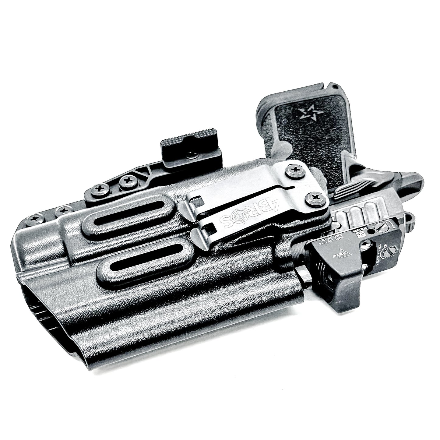 BIack WB holster for the Staccato HD C4X and Streamlight TLR-1 HL or TLR-1 HP for Inside Waistband concealed carry shown with a DCC Monoblock and a Modwing.  Optics-ready and adjustable retention. 