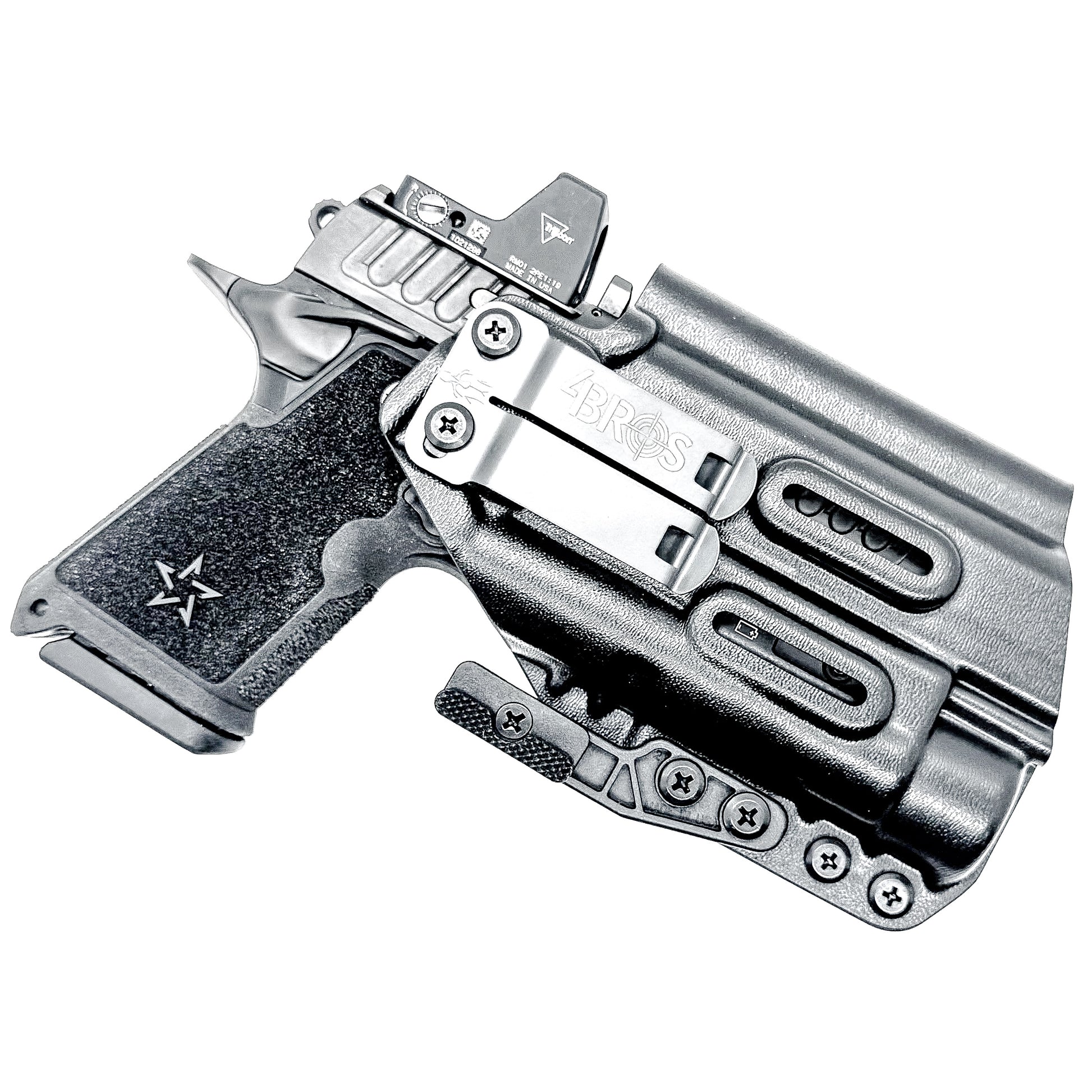 BIack WB holster for the Staccato HD C4X and Streamlight TLR-1 HL or TLR-1 HP for Inside Waistband concealed carry shown with a DCC Monoblock and a Modwing.  Optics-ready and adjustable retention. 