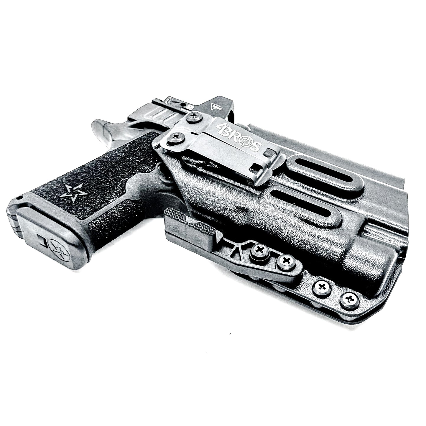 BIack WB holster for the Staccato HD C4X and Streamlight TLR-1 HL or TLR-1 HP for Inside Waistband concealed carry shown with a DCC Monoblock and a Modwing.  Optics-ready and adjustable retention. 