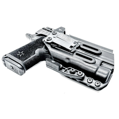 BIack WB holster for the Staccato HD C4X and Streamlight TLR-1 HL or TLR-1 HP for Inside Waistband concealed carry shown with a DCC Monoblock and a Modwing.  Optics-ready and adjustable retention. 