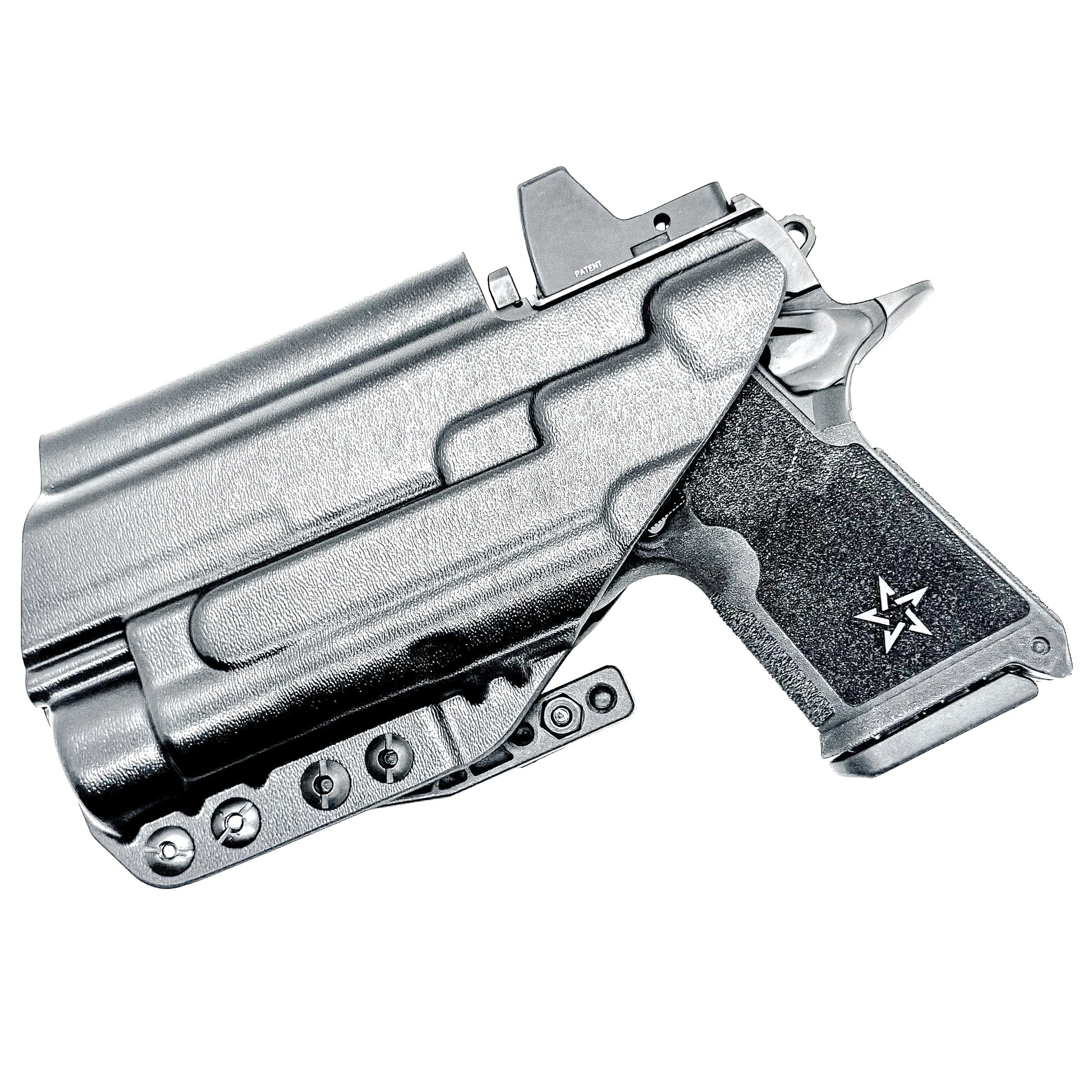BIack WB holster for the Staccato HD C4X and Streamlight TLR-1 HL or TLR-1 HP for Inside Waistband concealed carry shown with a DCC Monoblock and a Modwing.  Optics-ready and adjustable retention. 