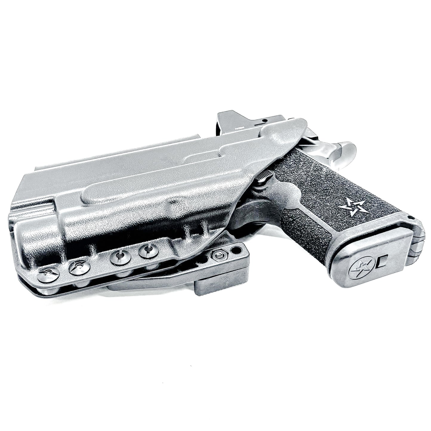 BIack WB holster for the Staccato HD C4X and Streamlight TLR-1 HL or TLR-1 HP for Inside Waistband concealed carry shown with a DCC Monoblock and a Modwing.  Optics-ready and adjustable retention. 