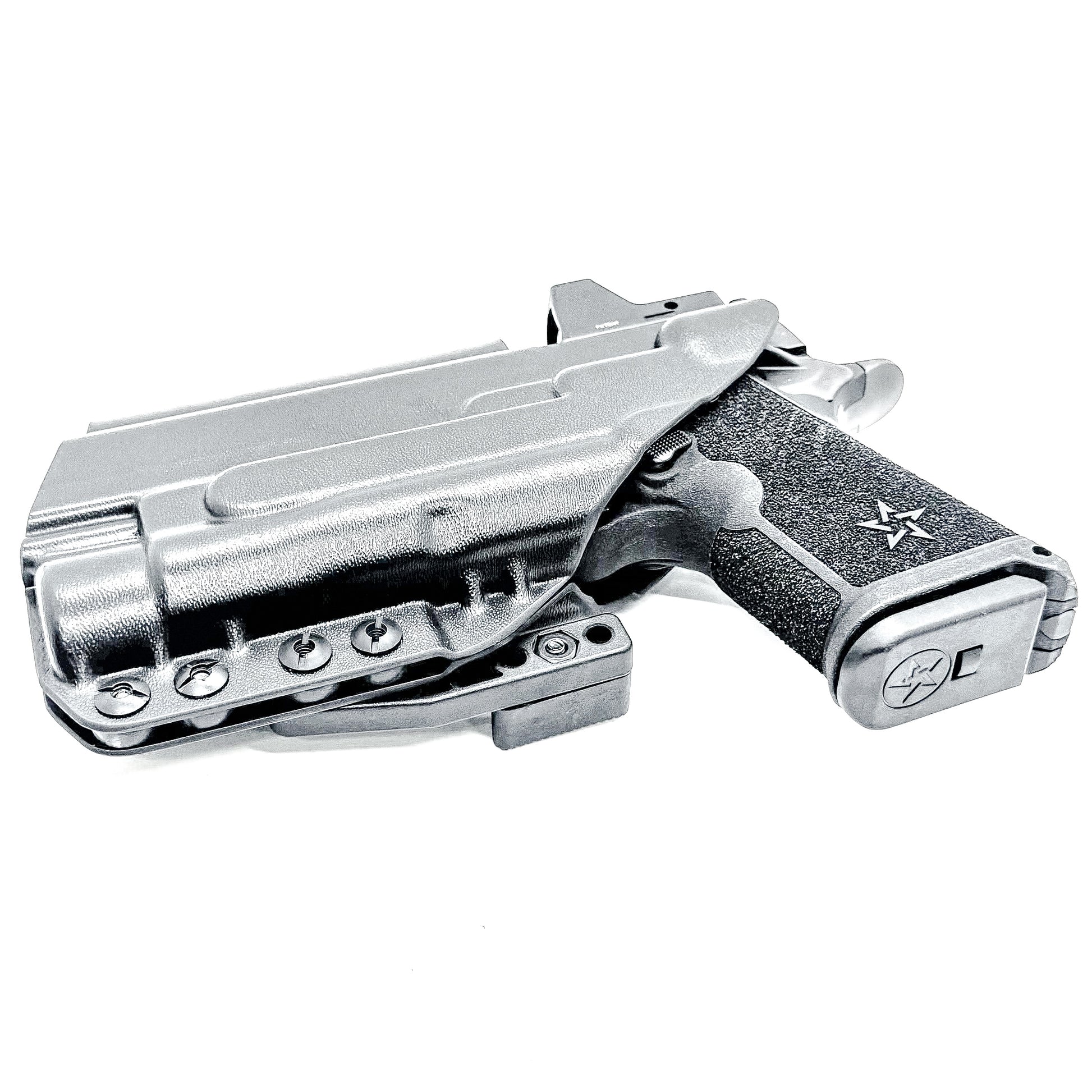 BIack WB holster for the Staccato HD C4X and Streamlight TLR-1 HL or TLR-1 HP for Inside Waistband concealed carry shown with a DCC Monoblock and a Modwing.  Optics-ready and adjustable retention. 