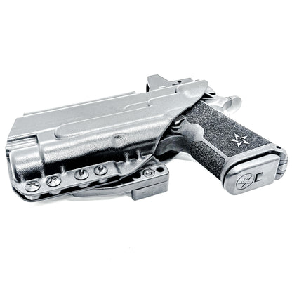 BIack WB holster for the Staccato HD C4X and Streamlight TLR-1 HL or TLR-1 HP for Inside Waistband concealed carry shown with a DCC Monoblock and a Modwing.  Optics-ready and adjustable retention. 