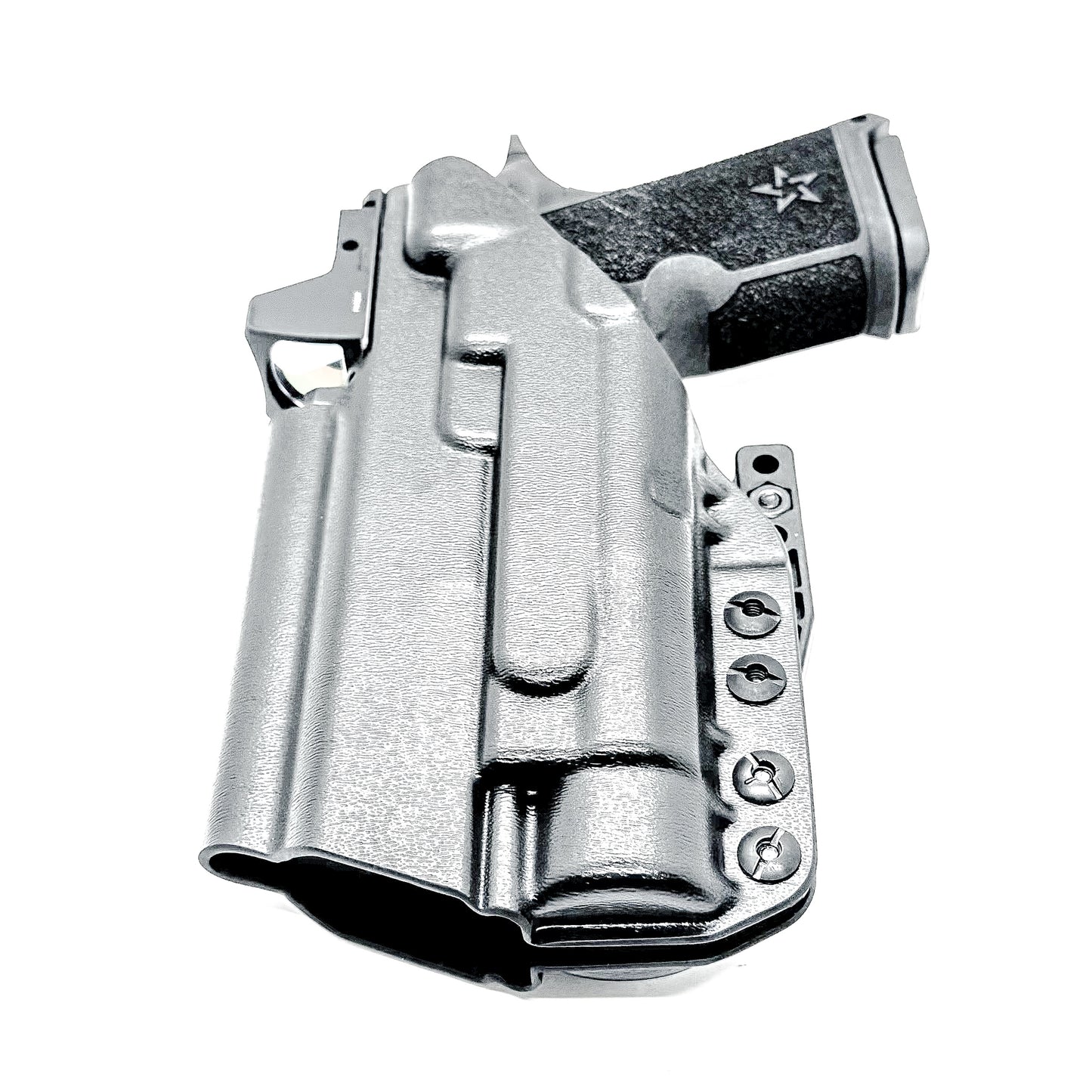 BIack WB holster for the Staccato HD C4X and Streamlight TLR-1 HL or TLR-1 HP for Inside Waistband concealed carry shown with a DCC Monoblock and a Modwing.  Optics-ready and adjustable retention. 