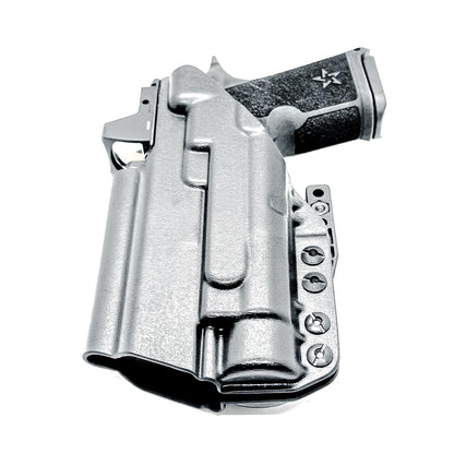 BIack WB holster for the Staccato HD C4X and Streamlight TLR-1 HL or TLR-1 HP for Inside Waistband concealed carry shown with a DCC Monoblock and a Modwing.  Optics-ready and adjustable retention. 