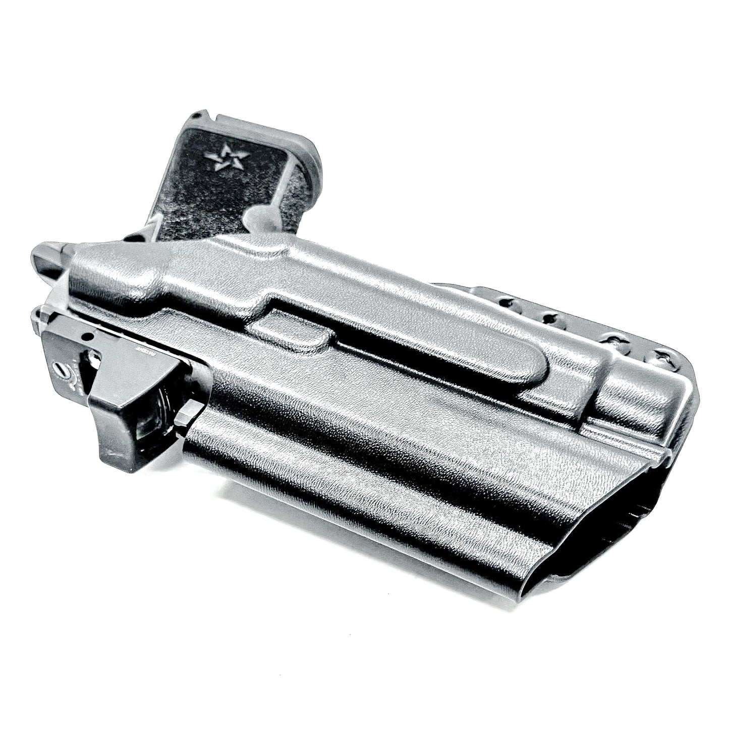 BIack WB holster for the Staccato HD C4X and Streamlight TLR-1 HL or TLR-1 HP for Inside Waistband concealed carry shown with a DCC Monoblock and a Modwing.  Optics-ready and adjustable retention. 