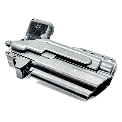BIack WB holster for the Staccato HD C4X and Streamlight TLR-1 HL or TLR-1 HP for Inside Waistband concealed carry shown with a DCC Monoblock and a Modwing.  Optics-ready and adjustable retention. 