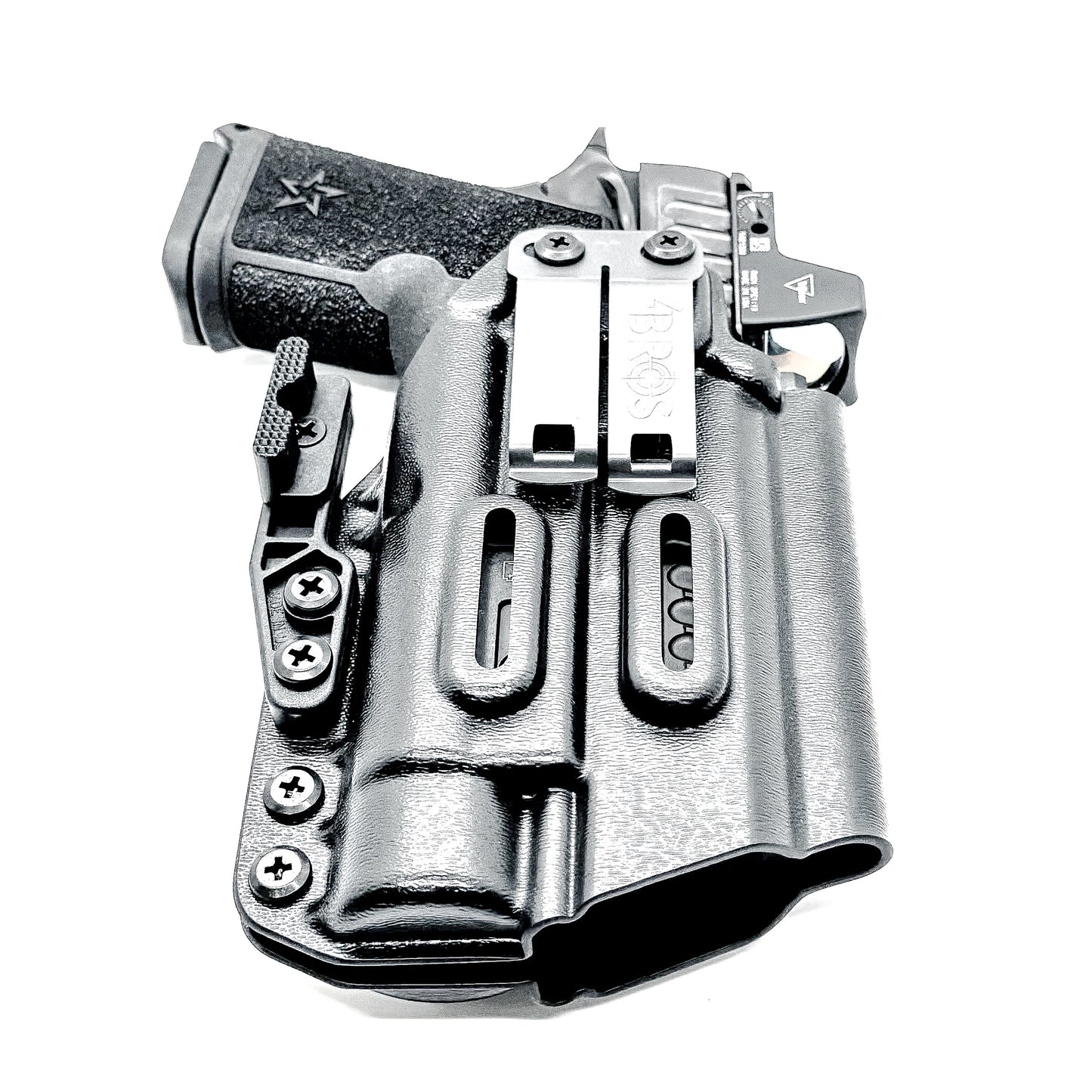 BIack WB holster for the Staccato HD C4X and Streamlight TLR-1 HL or TLR-1 HP for Inside Waistband concealed carry shown with a DCC Monoblock and a Modwing.  Optics-ready and adjustable retention. 