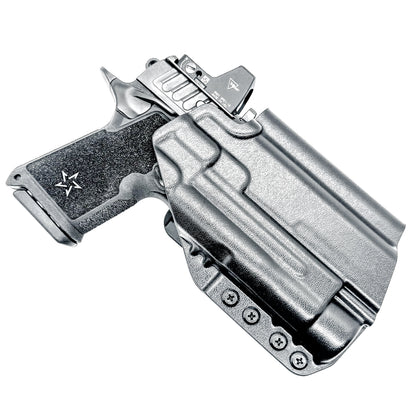 Black OWB holster for the Staccato HD C4X and Streamlight TLR-1 HL or TLR-1 HP for Outside Waistband carry, shown with a 4Bros 1.5" Belt Slide. Optics-ready and adjustable retention.