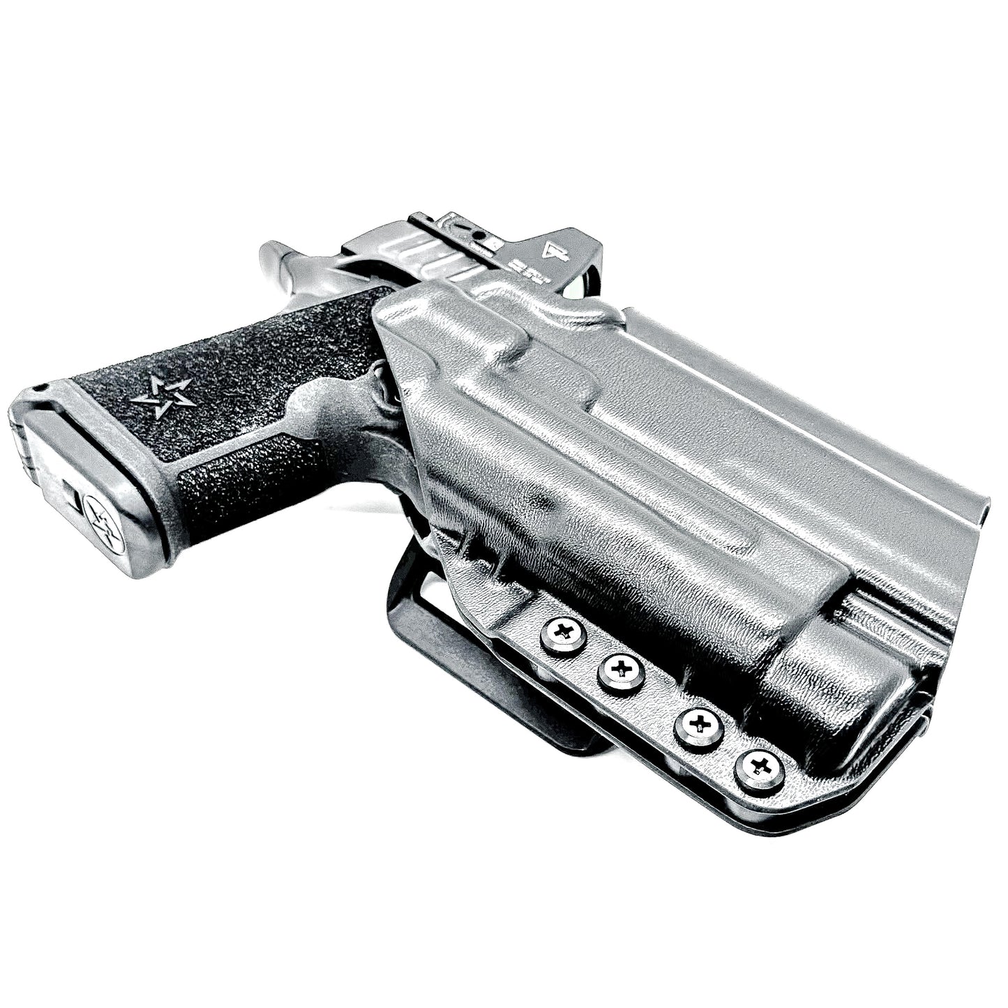 Black OWB holster for the Staccato HD C4X and Streamlight TLR-1 HL or TLR-1 HP for Outside Waistband carry, shown with a 4Bros 1.5" Belt Slide. Optics-ready and adjustable retention.