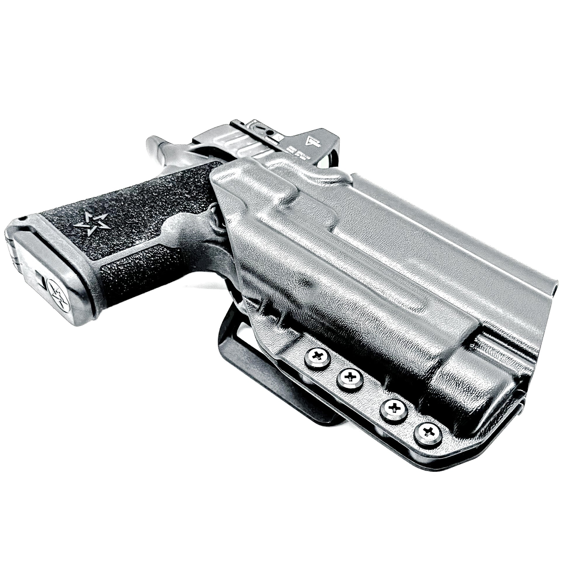 Black OWB holster for the Staccato HD C4X and Streamlight TLR-1 HL or TLR-1 HP for Outside Waistband carry, shown with a 4Bros 1.5" Belt Slide. Optics-ready and adjustable retention.