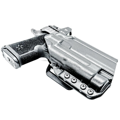 Black OWB holster for the Staccato HD C4X and Streamlight TLR-1 HL or TLR-1 HP for Outside Waistband carry, shown with a 4Bros 1.5" Belt Slide. Optics-ready and adjustable retention.