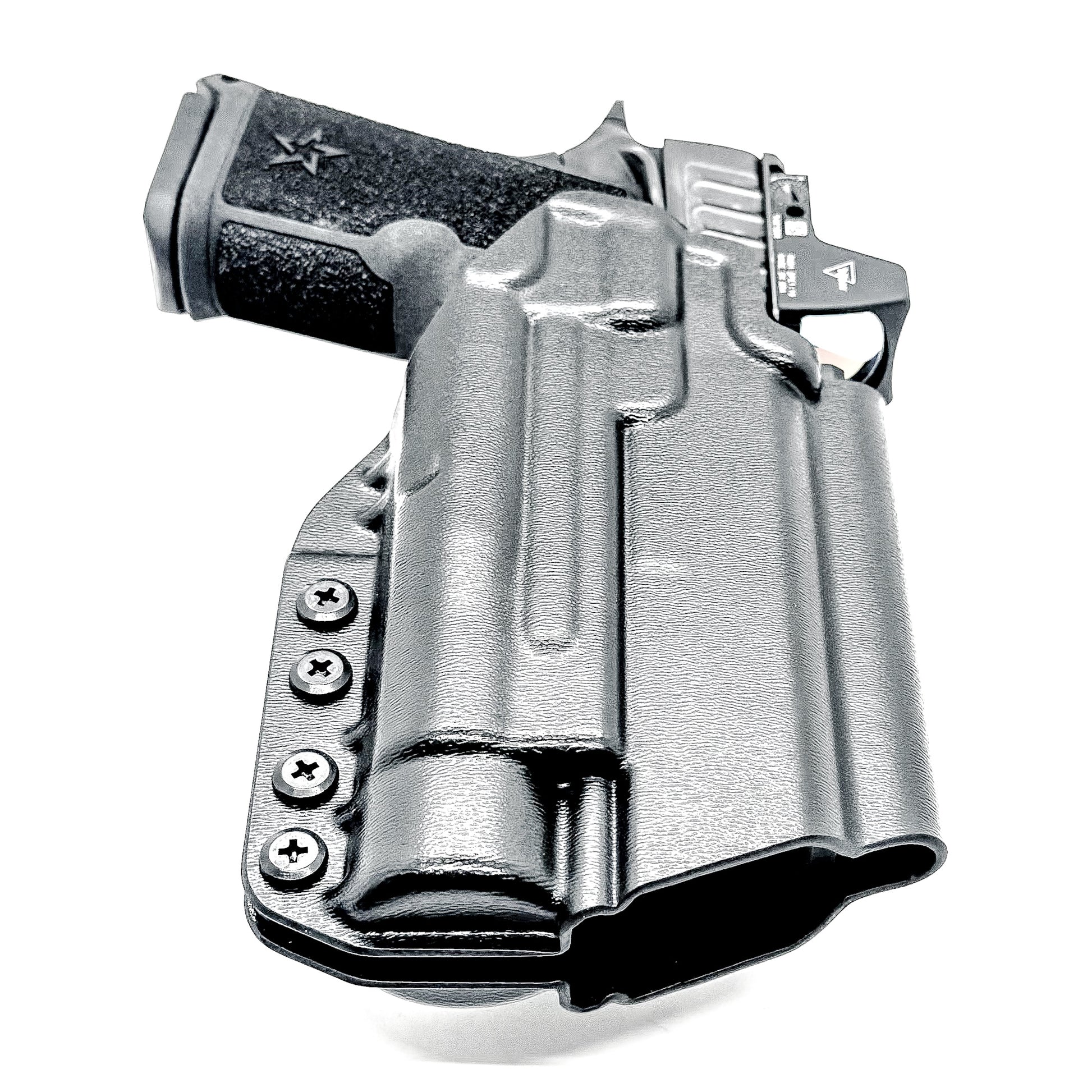 Black OWB holster for the Staccato HD C4X and Streamlight TLR-1 HL or TLR-1 HP for Outside Waistband carry, shown with a 4Bros 1.5" Belt Slide. Optics-ready and adjustable retention.