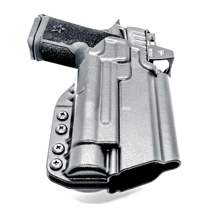 Black OWB holster for the Staccato HD C4X and Streamlight TLR-1 HL or TLR-1 HP for Outside Waistband carry, shown with a 4Bros 1.5" Belt Slide. Optics-ready and adjustable retention.