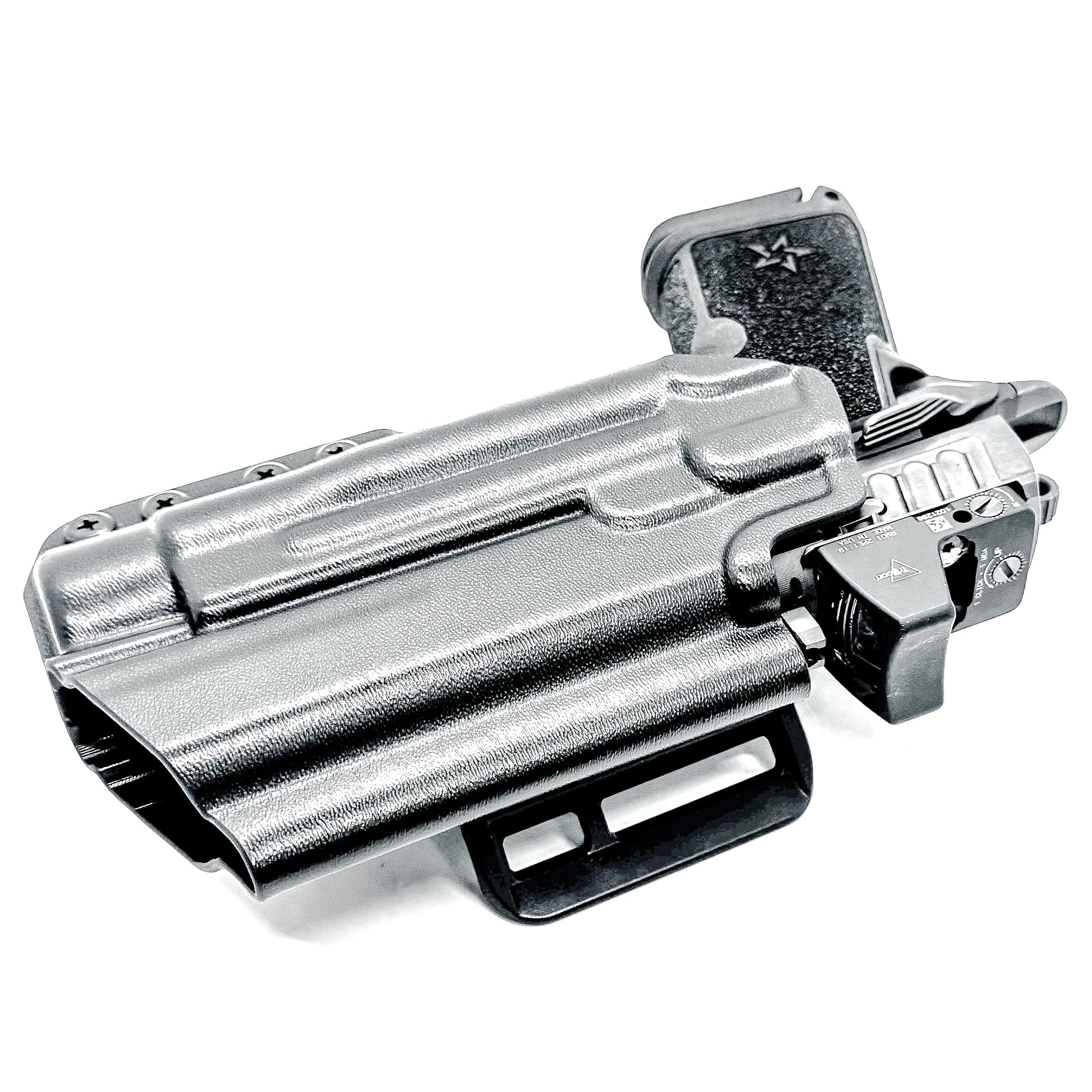 Black OWB holster for the Staccato HD C4X and Streamlight TLR-1 HL or TLR-1 HP for Outside Waistband carry, shown with a 4Bros 1.5" Belt Slide. Optics-ready and adjustable retention.
