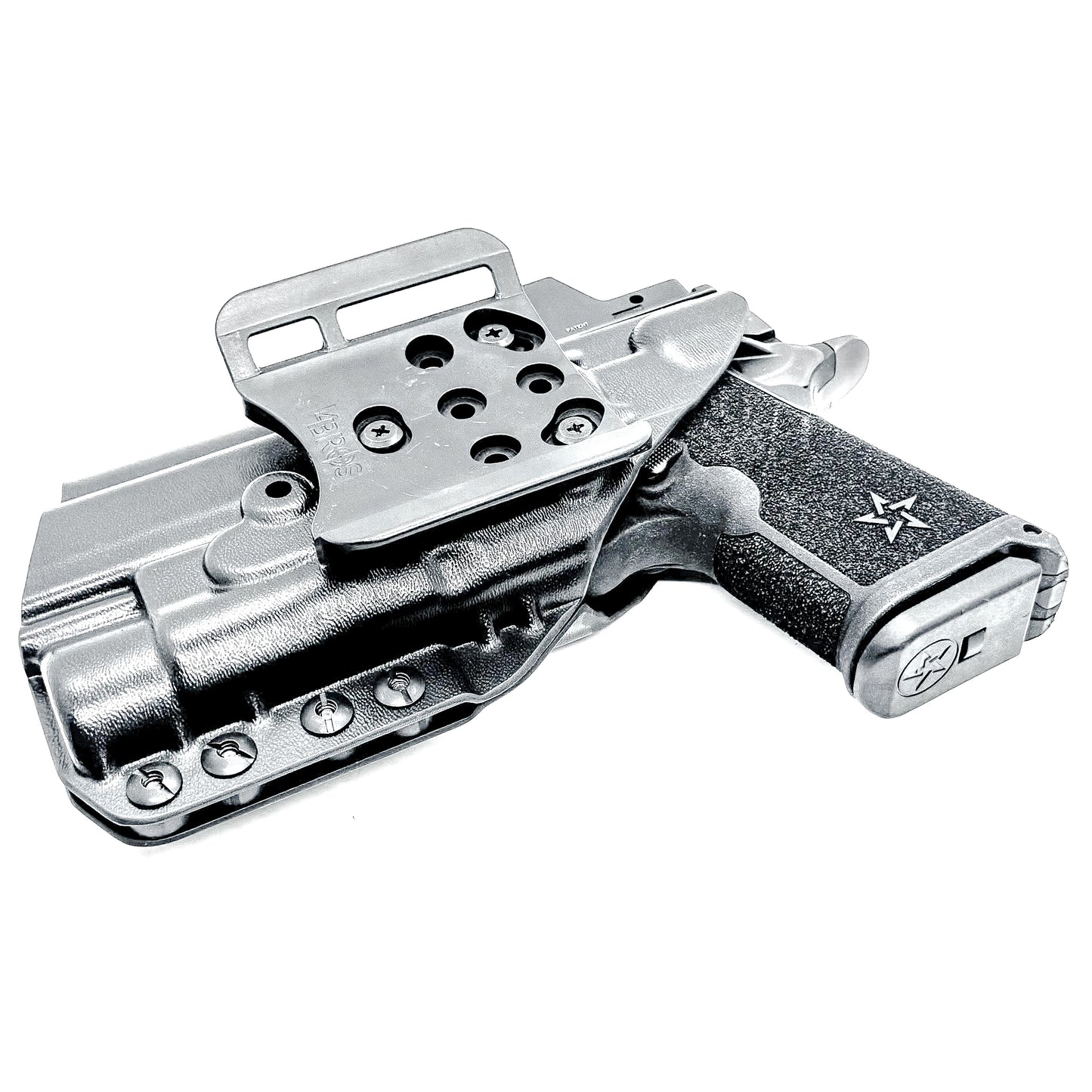 Black OWB holster for the Staccato HD C4X and Streamlight TLR-1 HL or TLR-1 HP for Outside Waistband carry, shown with a 4Bros 1.5" Belt Slide. Optics-ready and adjustable retention.