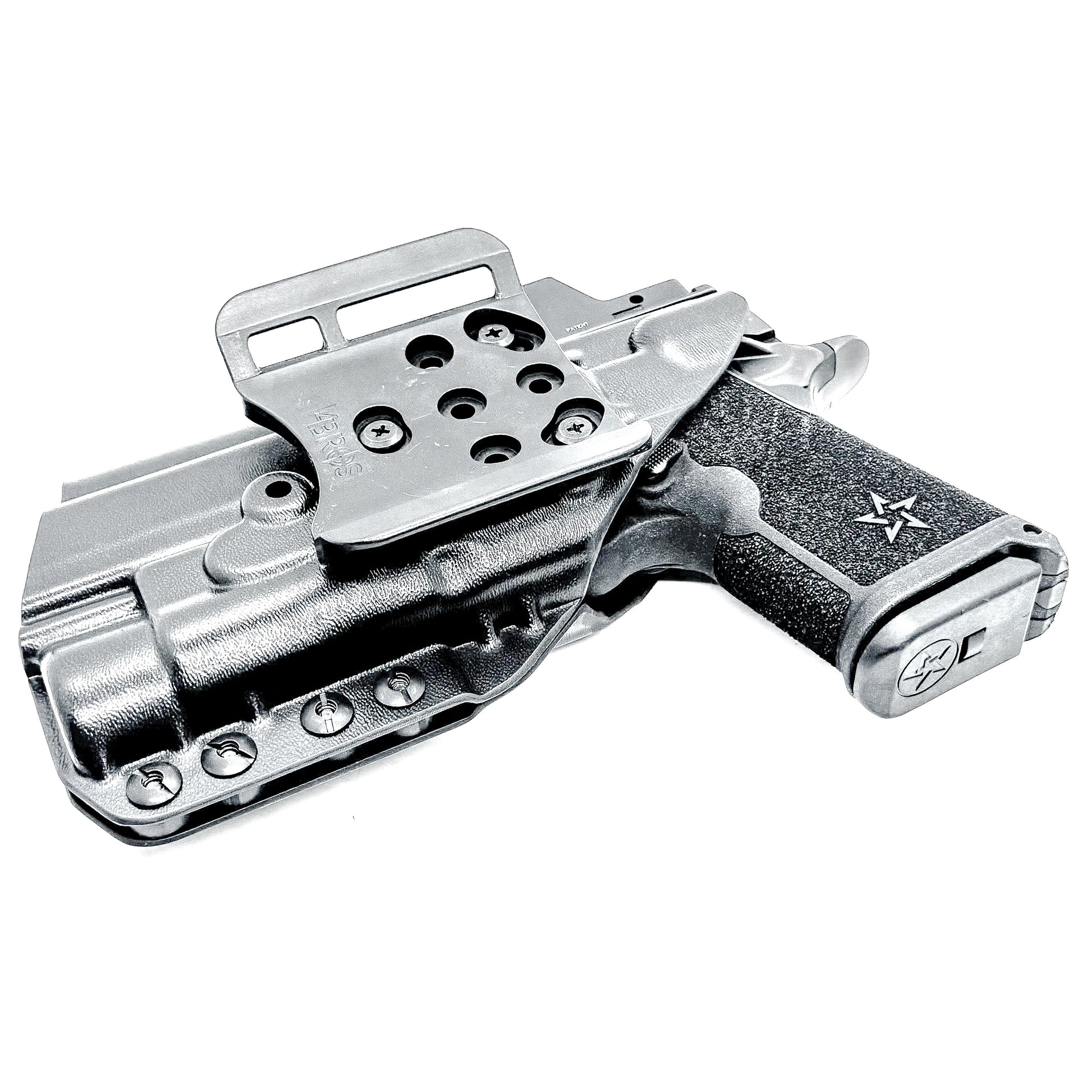 Black OWB holster for the Staccato HD C4X and Streamlight TLR-1 HL or TLR-1 HP for Outside Waistband carry, shown with a 4Bros 1.5" Belt Slide. Optics-ready and adjustable retention.
