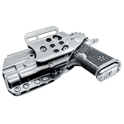 Black OWB holster for the Staccato HD C4X and Streamlight TLR-1 HL or TLR-1 HP for Outside Waistband carry, shown with a 4Bros 1.5" Belt Slide. Optics-ready and adjustable retention.