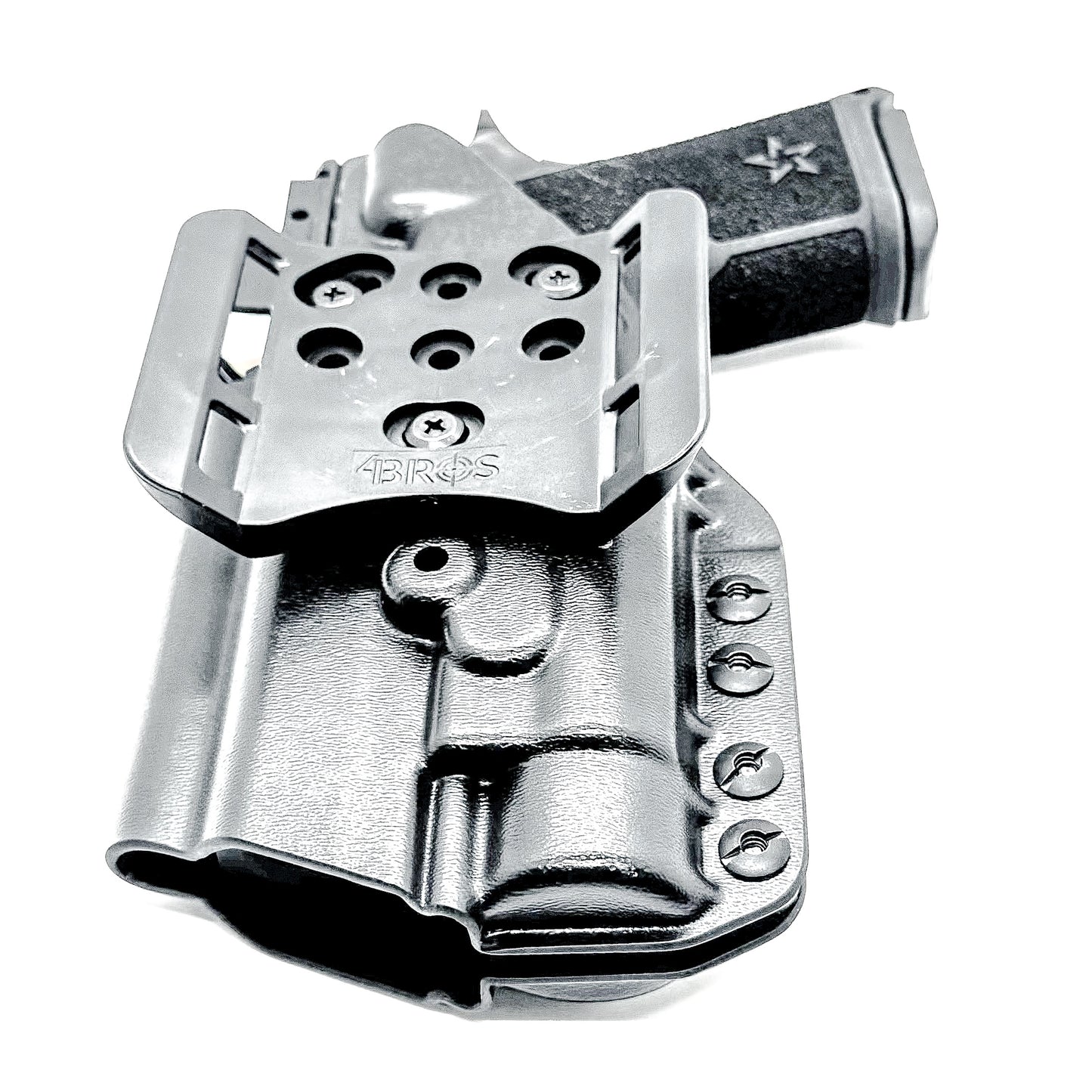 Black OWB holster for the Staccato HD C4X and Streamlight TLR-1 HL or TLR-1 HP for Outside Waistband carry, shown with a 4Bros 1.5" Belt Slide. Optics-ready and adjustable retention.