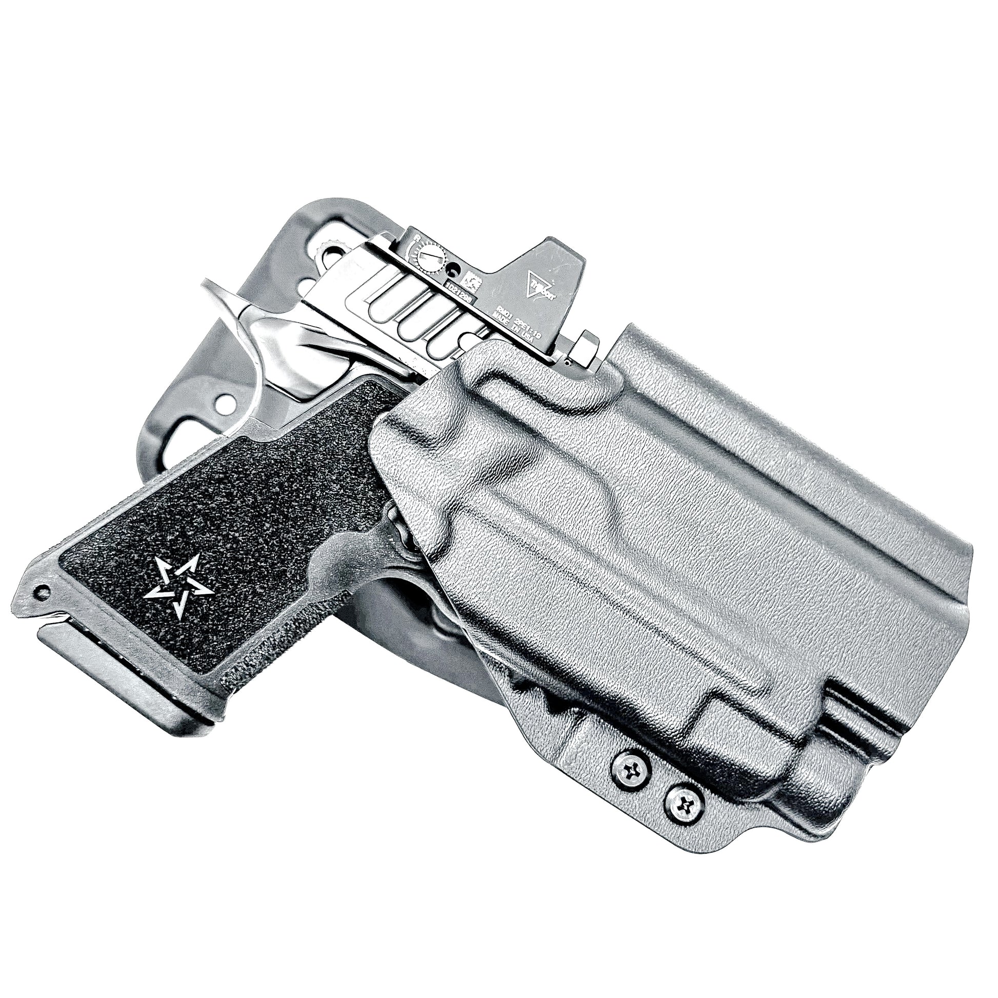 Black OWB outside the waistband duty & competition holster for the Staccato HD C4X and Streamlight TLR-7 HL-X with Duty Drop Belt Attachment.