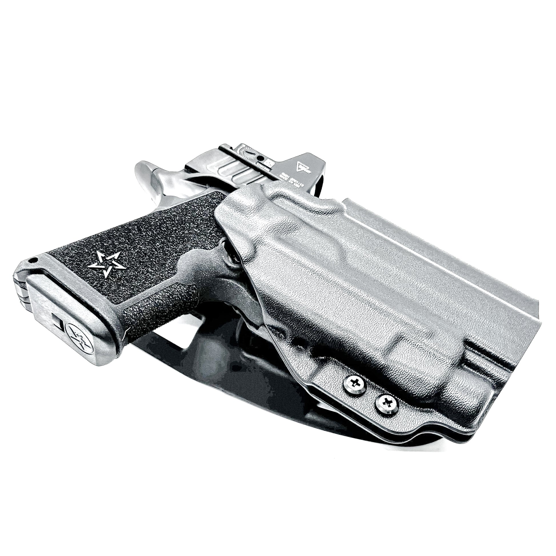 Black OWB outside the waistband duty & competition holster for the Staccato HD C4X and Streamlight TLR-7 HL-X with Duty Drop Belt Attachment.