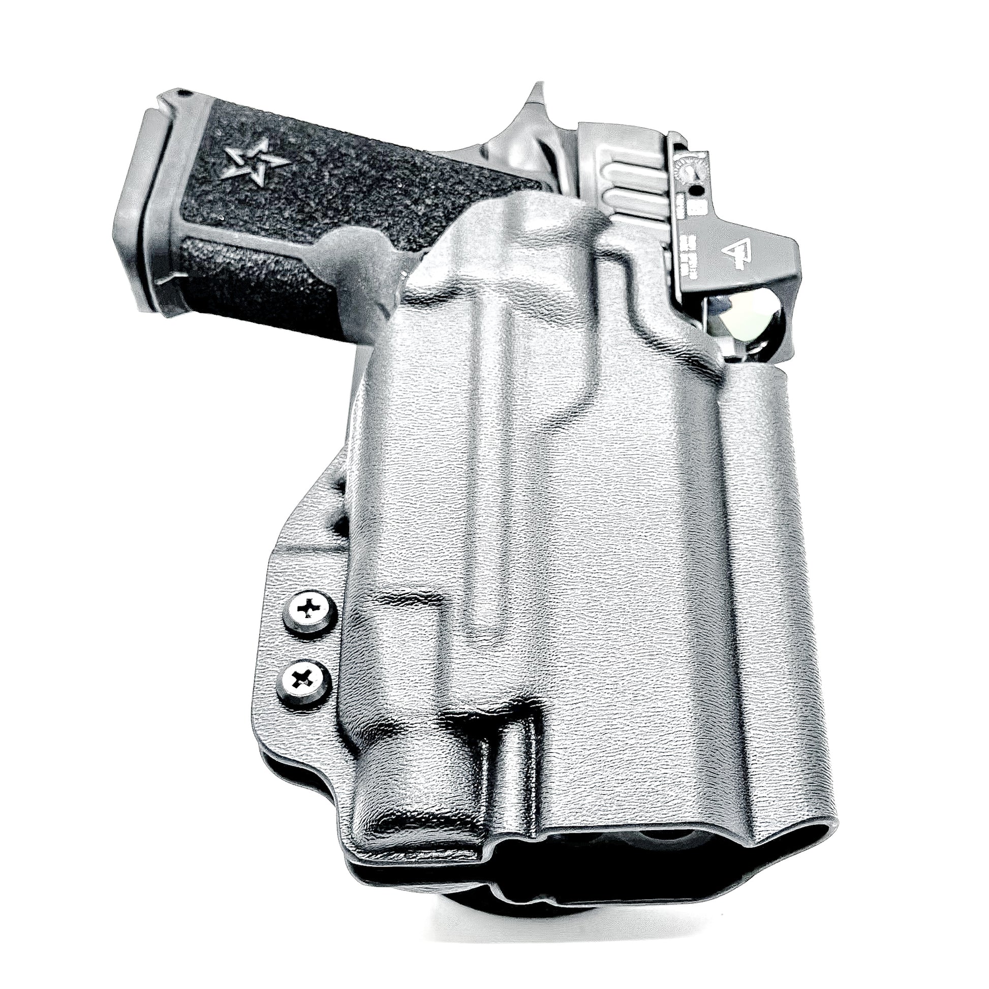 Black OWB outside the waistband duty & competition holster for the Staccato HD C4X and Streamlight TLR-7 HL-X with Duty Drop Belt Attachment.