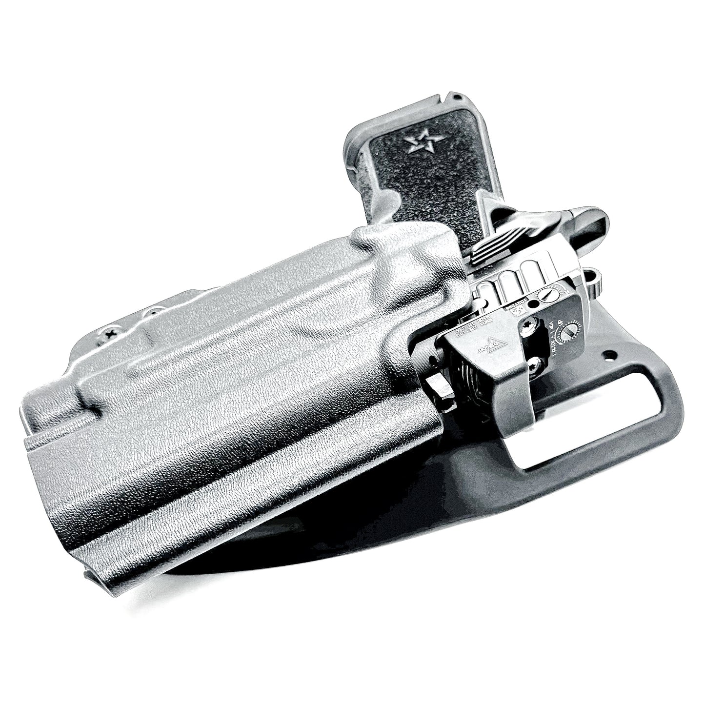 Black OWB outside the waistband duty & competition holster for the Staccato HD C4X and Streamlight TLR-7 HL-X with Duty Drop Belt Attachment.