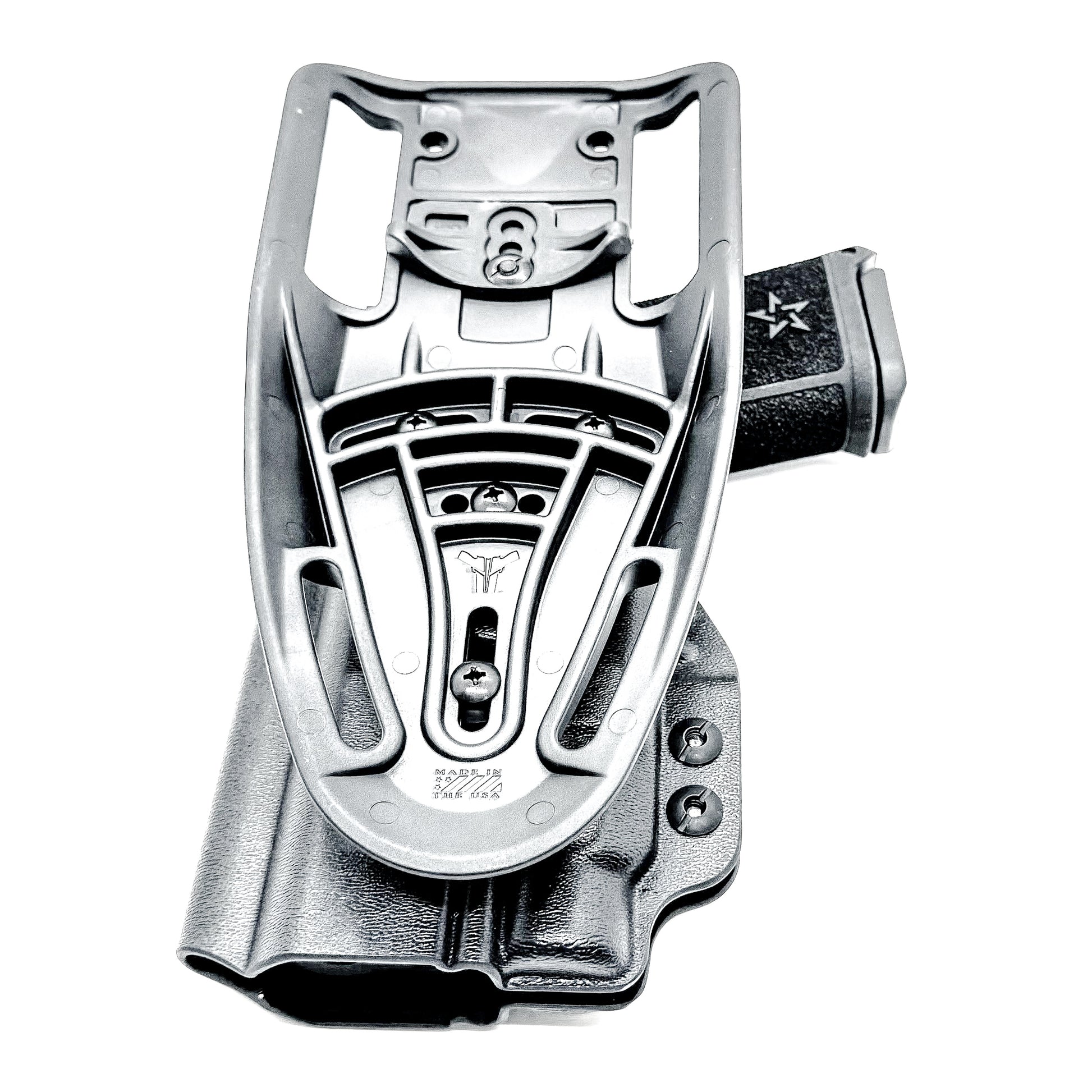 Black OWB outside the waistband duty & competition holster for the Staccato HD C4X and Streamlight TLR-7 HL-X with Duty Drop Belt Attachment.