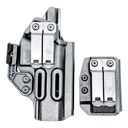 IWB holster combo for Staccato HD P4.5 and Glock 9MM mags. Includes mag carrier, Modwing, and Monoblock clips. Ships fast from the USA.
