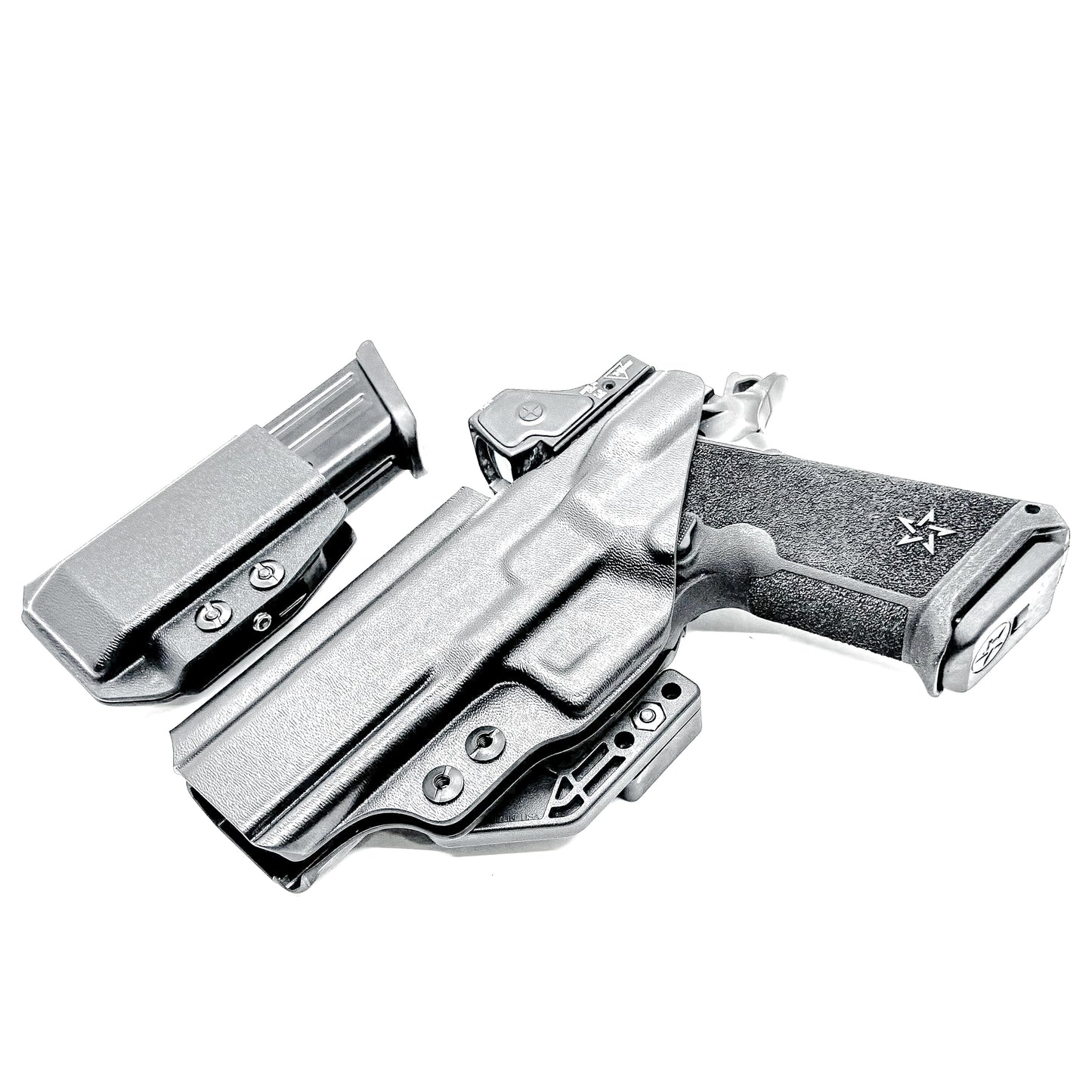 IWB holster combo for Staccato HD P4.5 and Glock 9MM mags. Includes mag carrier, Modwing, and Monoblock clips. Ships fast from the USA.
