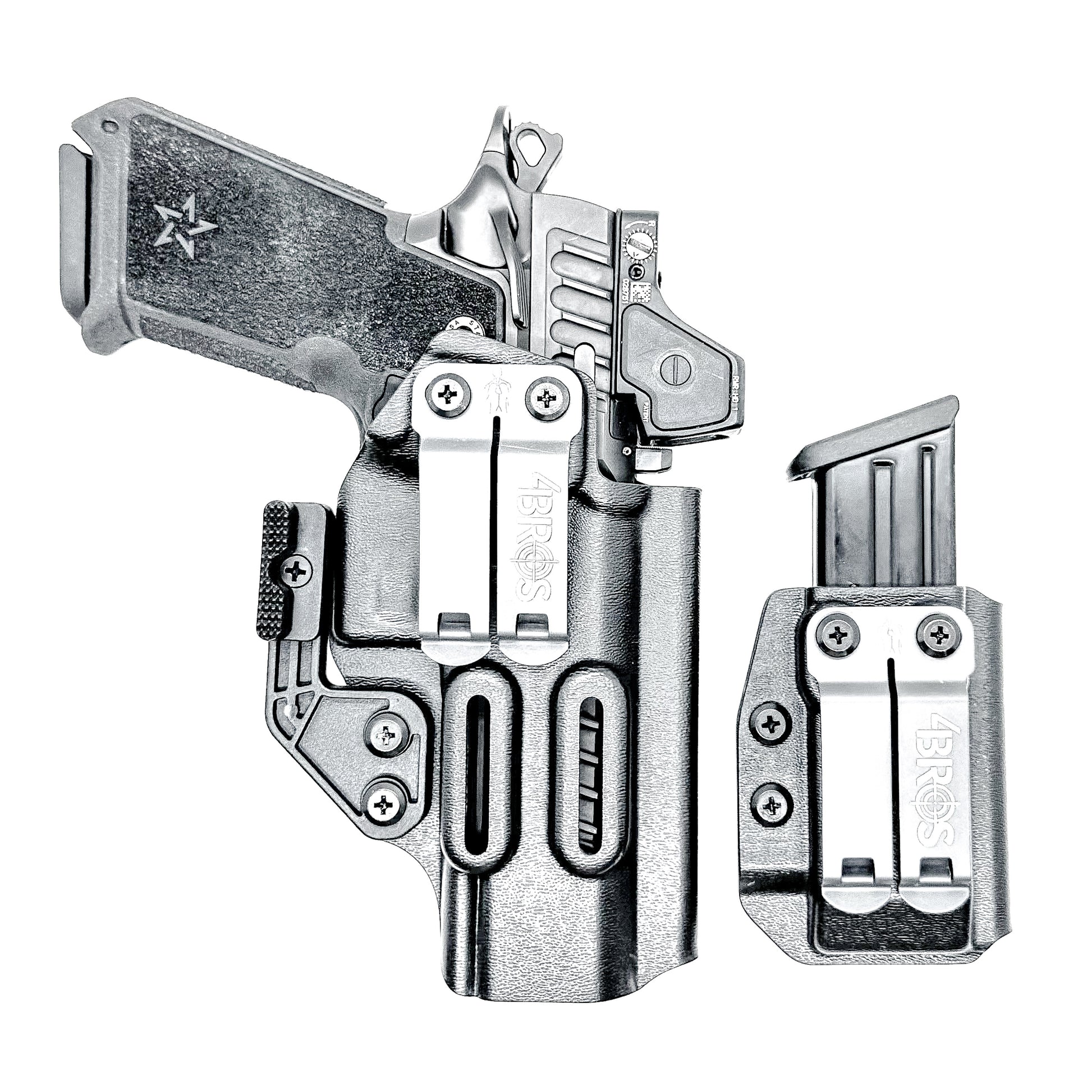 IWB holster combo for Staccato HD P4.5 and Glock 9MM mags. Includes mag carrier, Modwing, and Monoblock clips. Ships fast from the USA.
