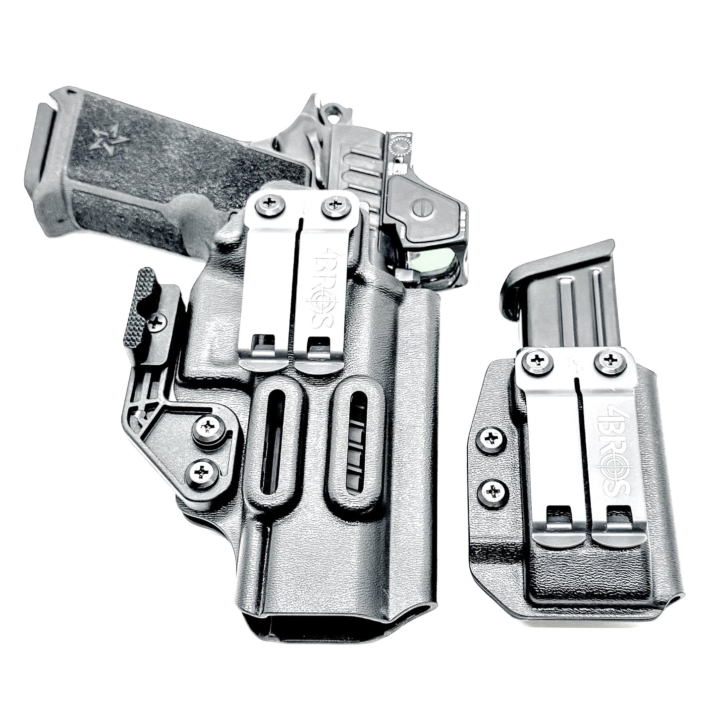 IWB holster combo for Staccato HD P4.5 and Glock 9MM mags. Includes mag carrier, Modwing, and Monoblock clips. Ships fast from the USA.
