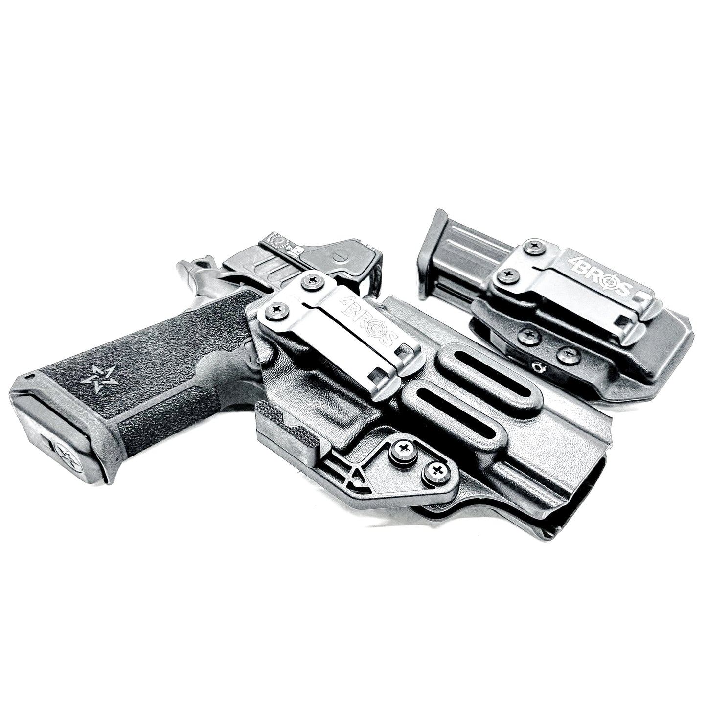 IWB holster combo for Staccato HD P4.5 and Glock 9MM mags. Includes mag carrier, Modwing, and Monoblock clips. Ships fast from the USA.
