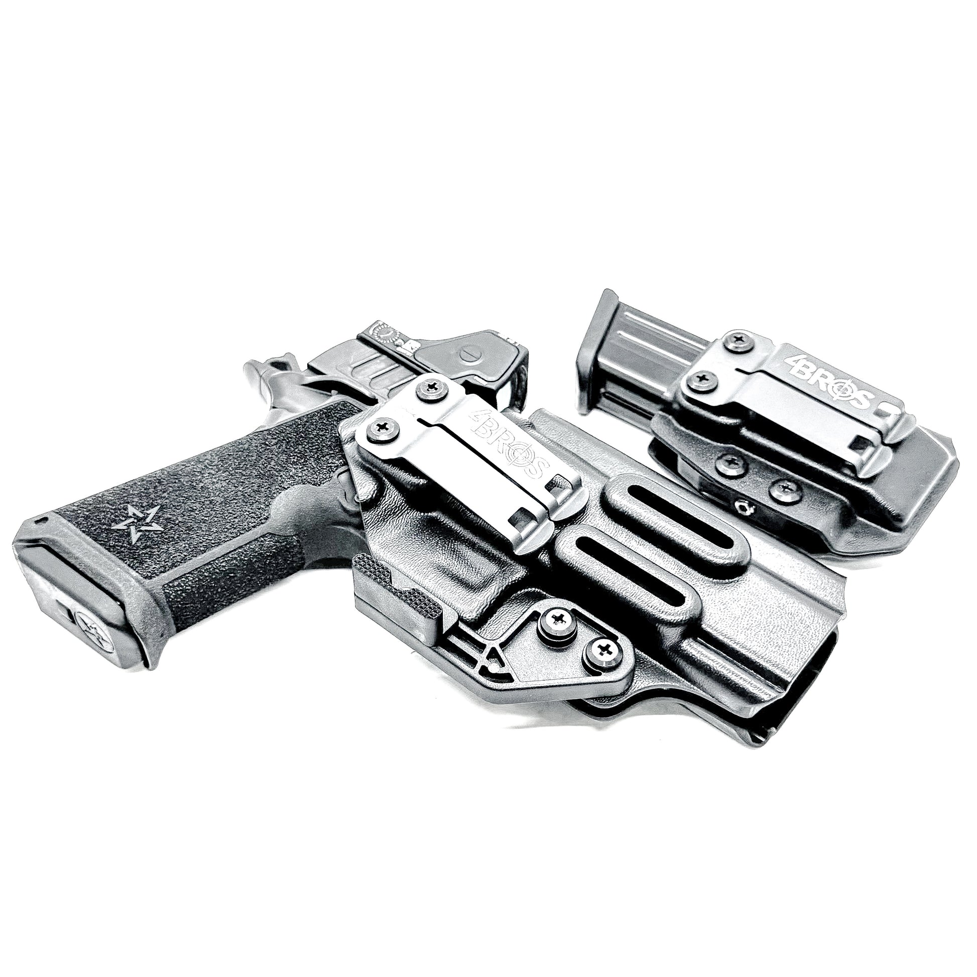 IWB holster combo for Staccato HD P4.5 and Glock 9MM mags. Includes mag carrier, Modwing, and Monoblock clips. Ships fast from the USA.
