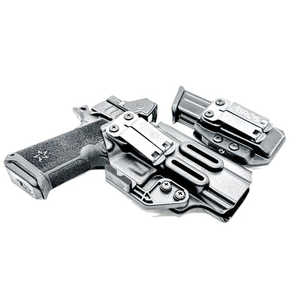 IWB holster combo for Staccato HD P4.5 and Glock 9MM mags. Includes mag carrier, Modwing, and Monoblock clips. Ships fast from the USA.
