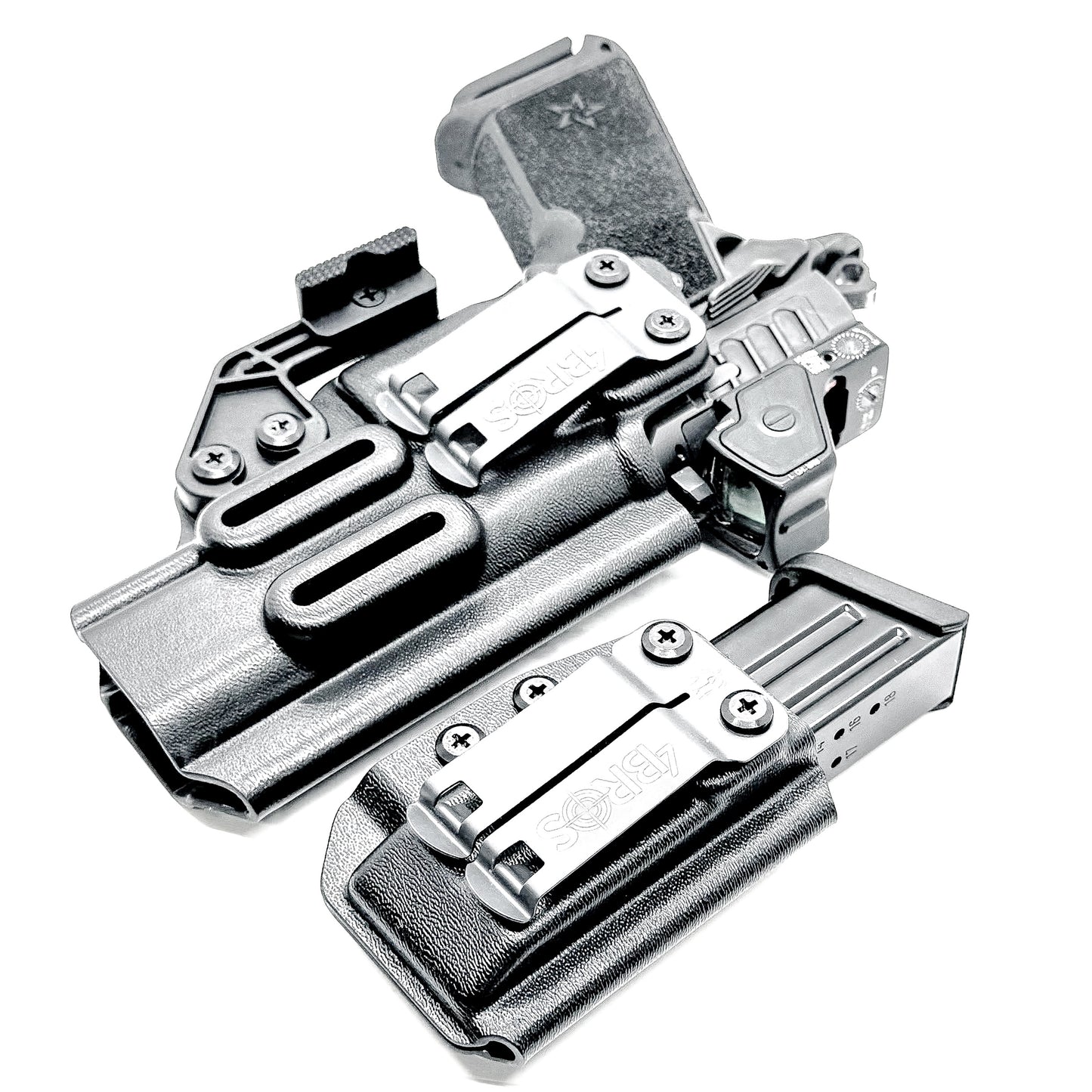 IWB holster combo for Staccato HD P4.5 and Glock 9MM mags. Includes mag carrier, Modwing, and Monoblock clips. Ships fast from the USA.
