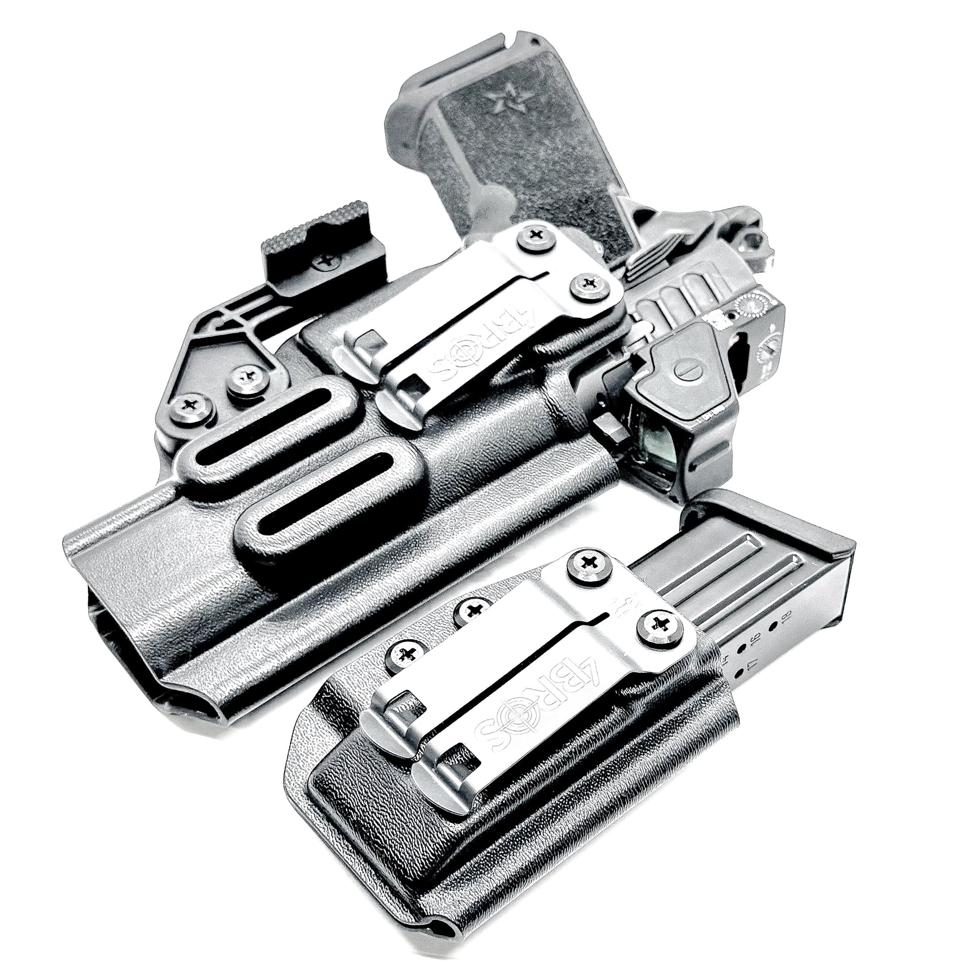 IWB holster combo for Staccato HD P4.5 and Glock 9MM mags. Includes mag carrier, Modwing, and Monoblock clips. Ships fast from the USA.
