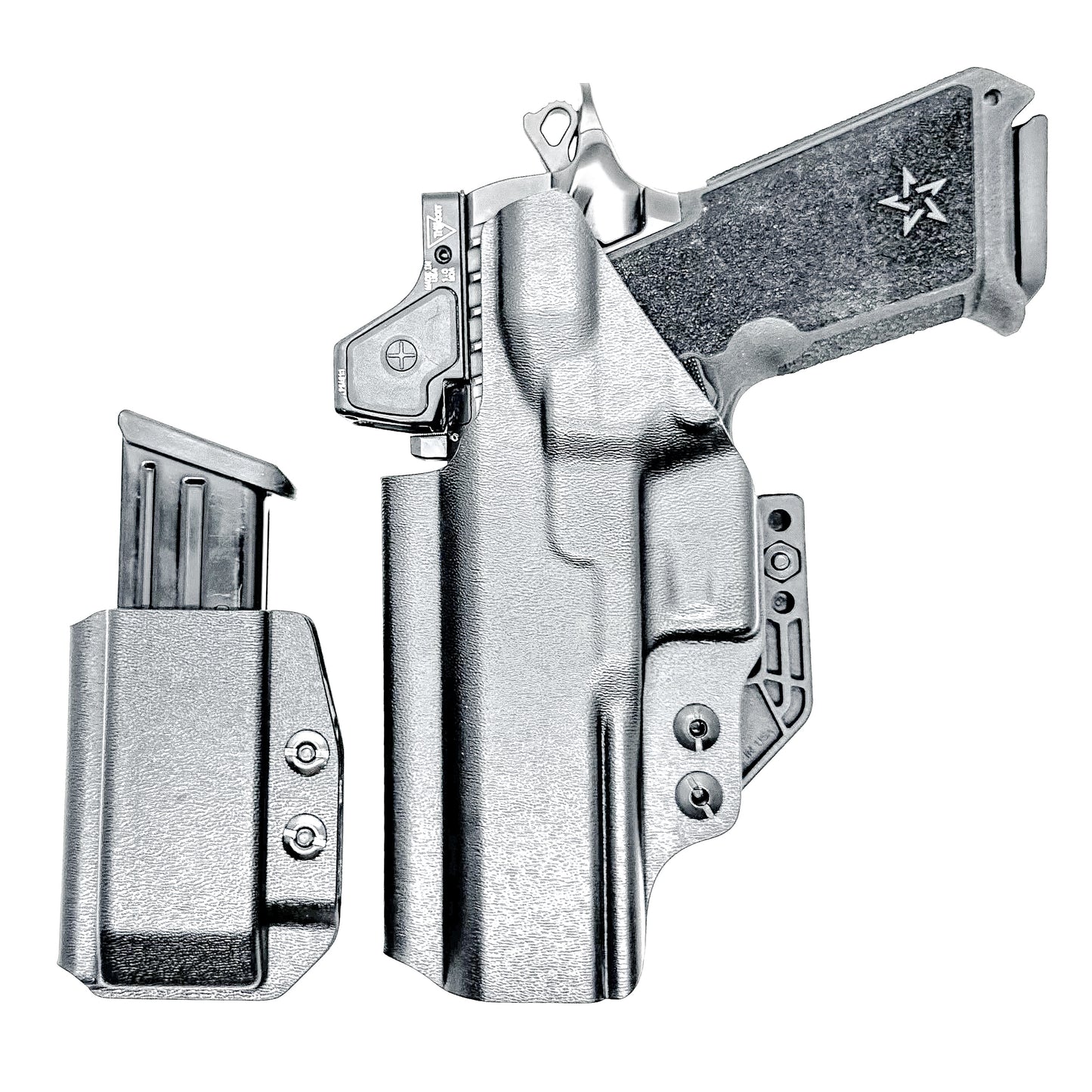 IWB holster combo for Staccato HD P4.5 and Glock 9MM mags. Includes mag carrier, Modwing, and Monoblock clips. Ships fast from the USA.
