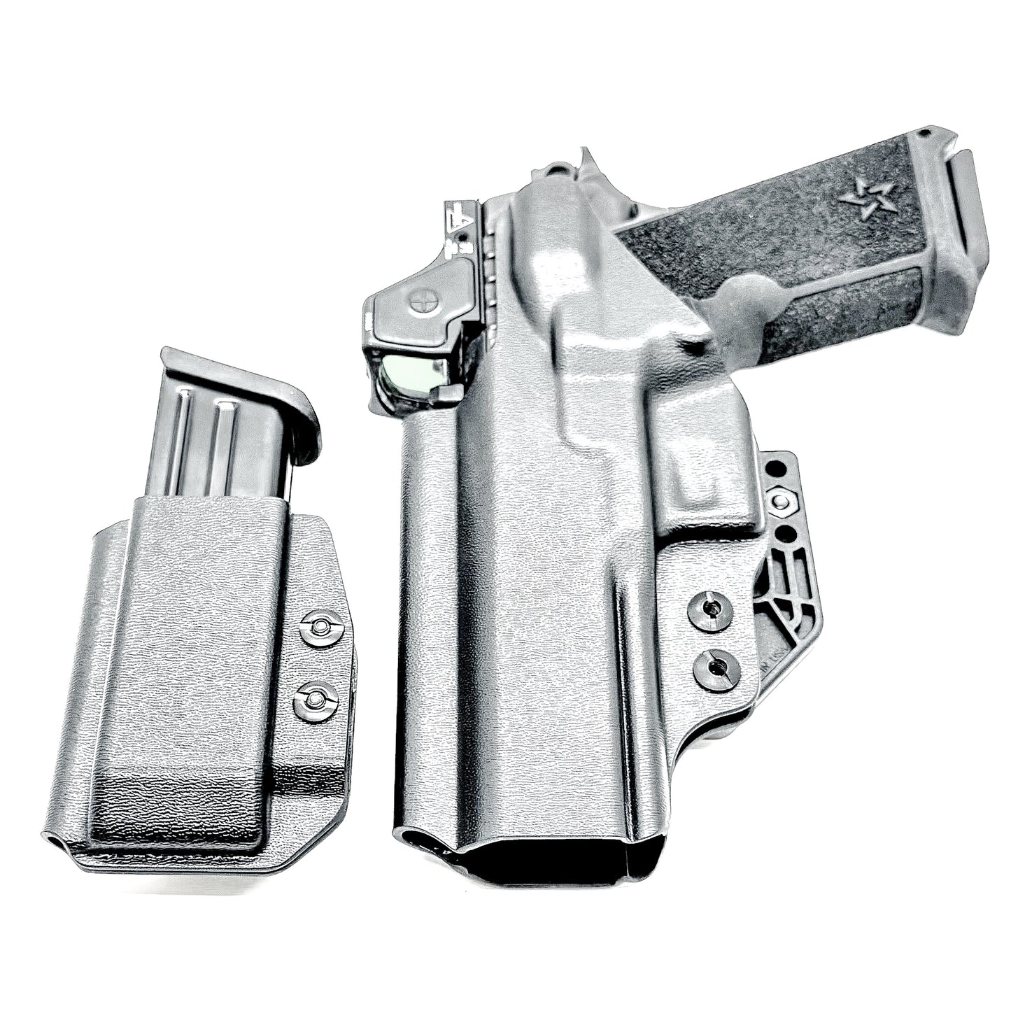 IWB holster combo for Staccato HD P4.5 and Glock 9MM mags. Includes mag carrier, Modwing, and Monoblock clips. Ships fast from the USA.
