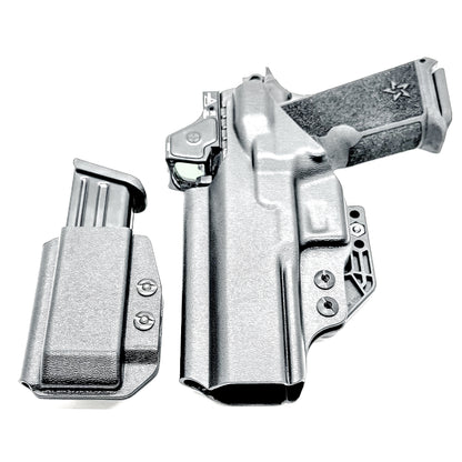 IWB holster combo for Staccato HD P4.5 and Glock 9MM mags. Includes mag carrier, Modwing, and Monoblock clips. Ships fast from the USA.
