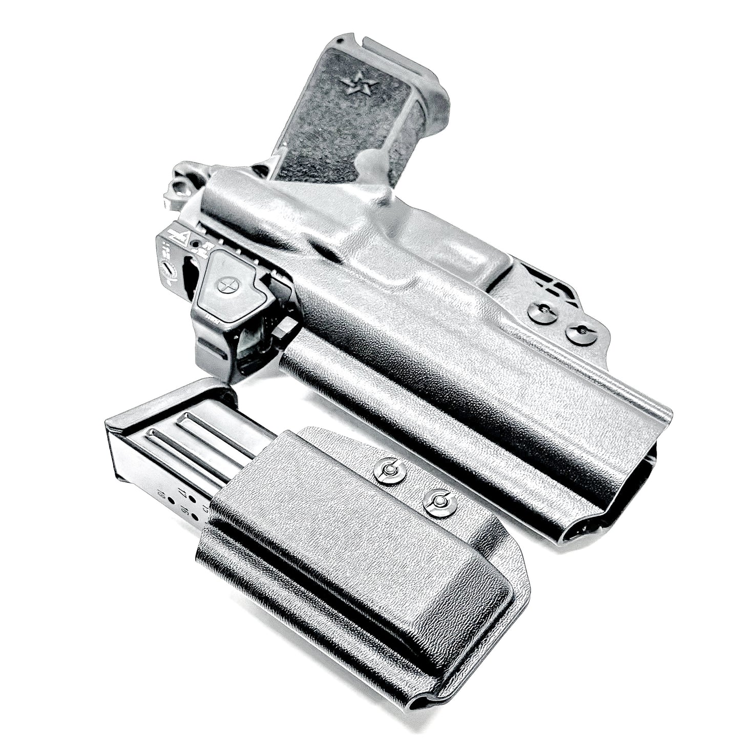 IWB holster combo for Staccato HD P4.5 and Glock 9MM mags. Includes mag carrier, Modwing, and Monoblock clips. Ships fast from the USA.
